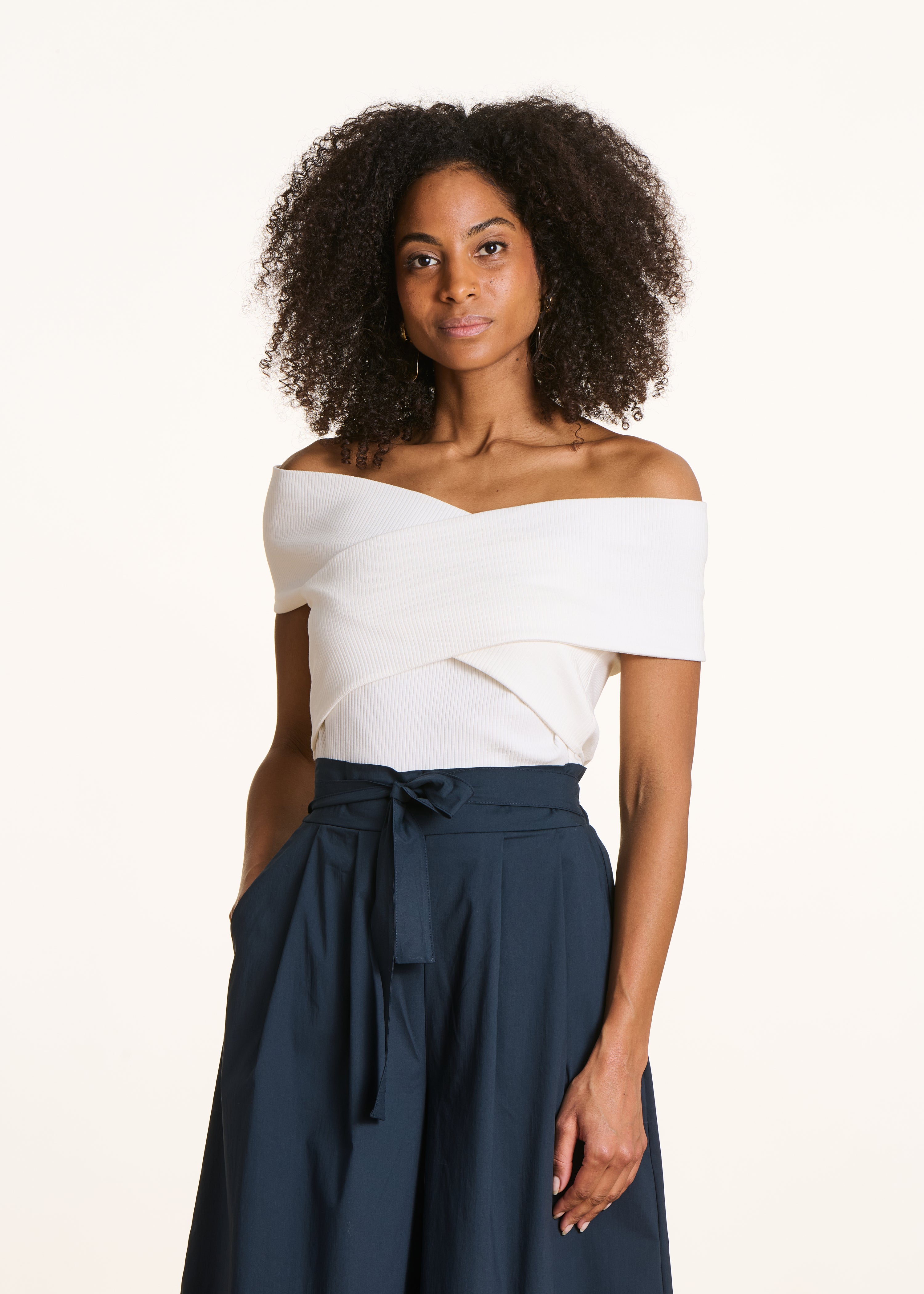 White Bardot Neck Crossed T-shirt
