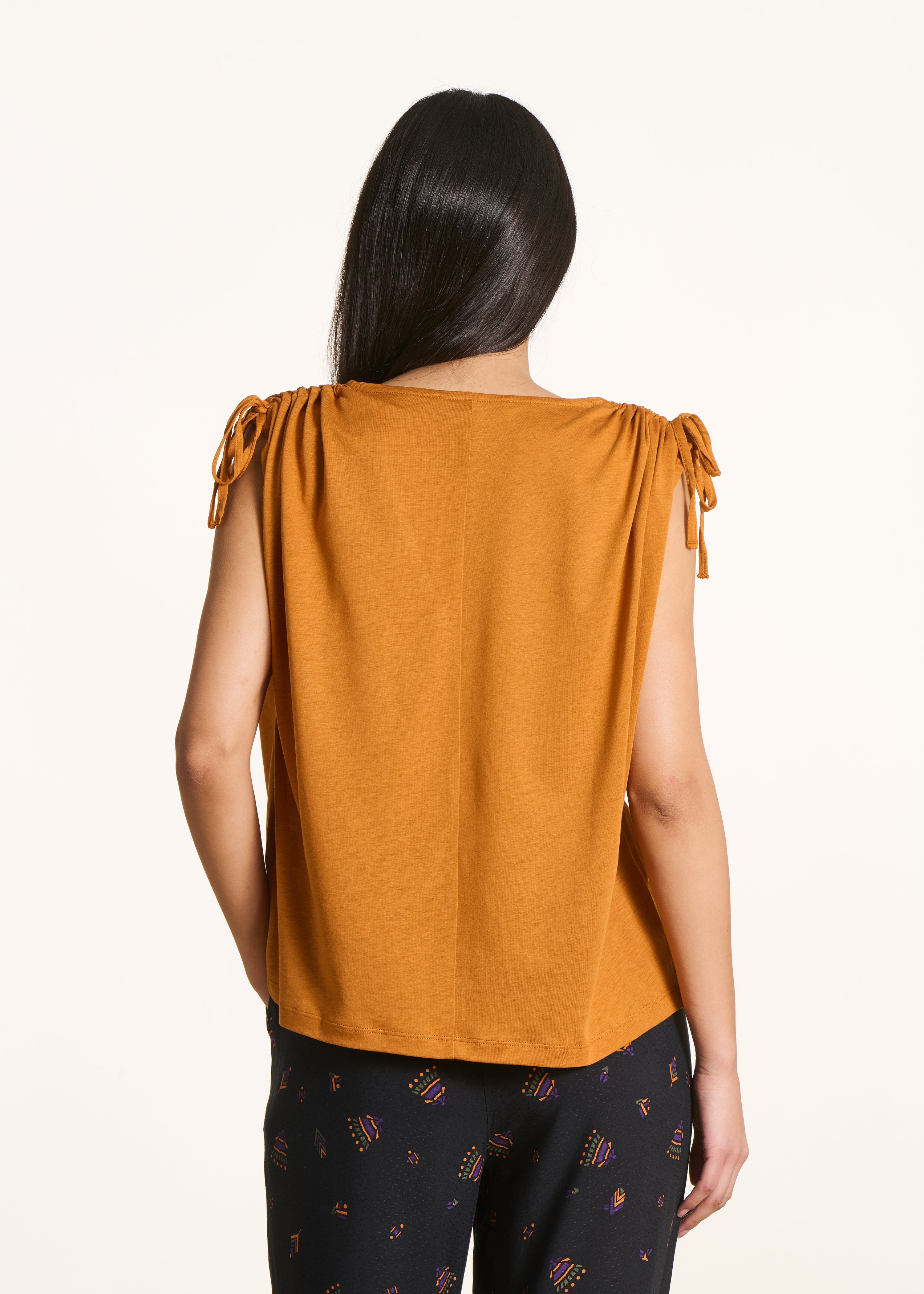 loose ochre V-neck T-shirt
