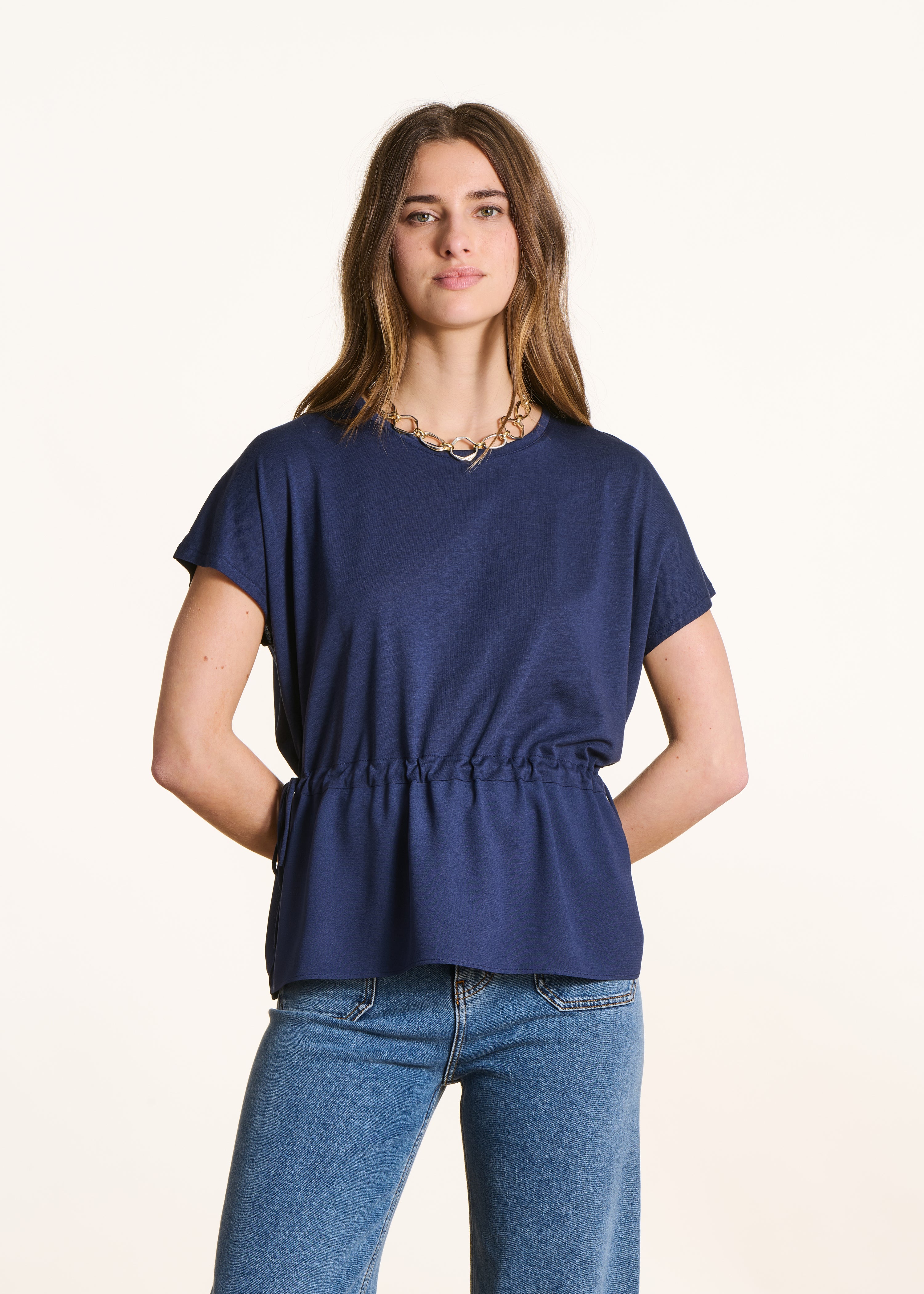 Dark blue loose-fit two-material T-shirt