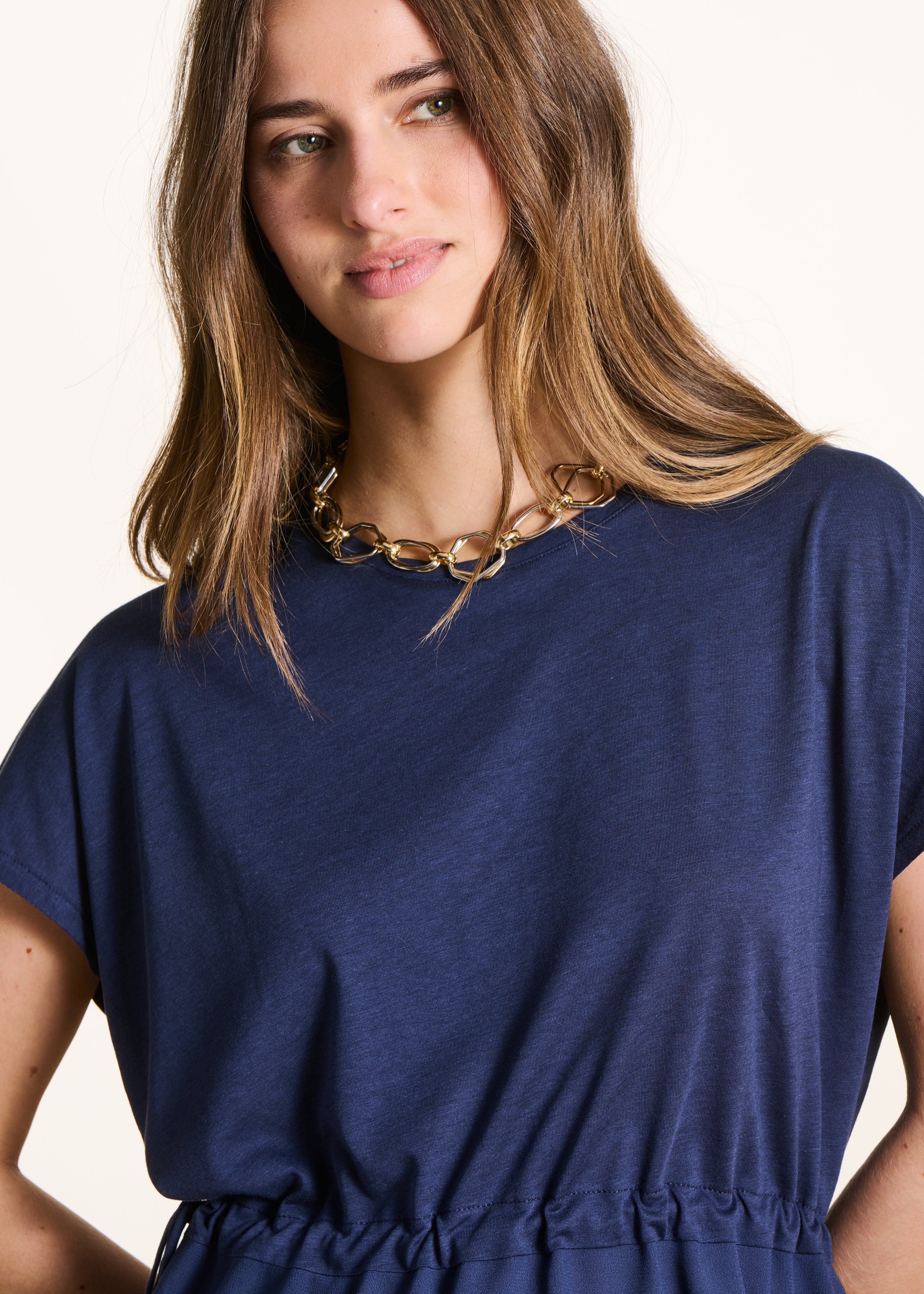 Dark blue loose-fit two-material T-shirt