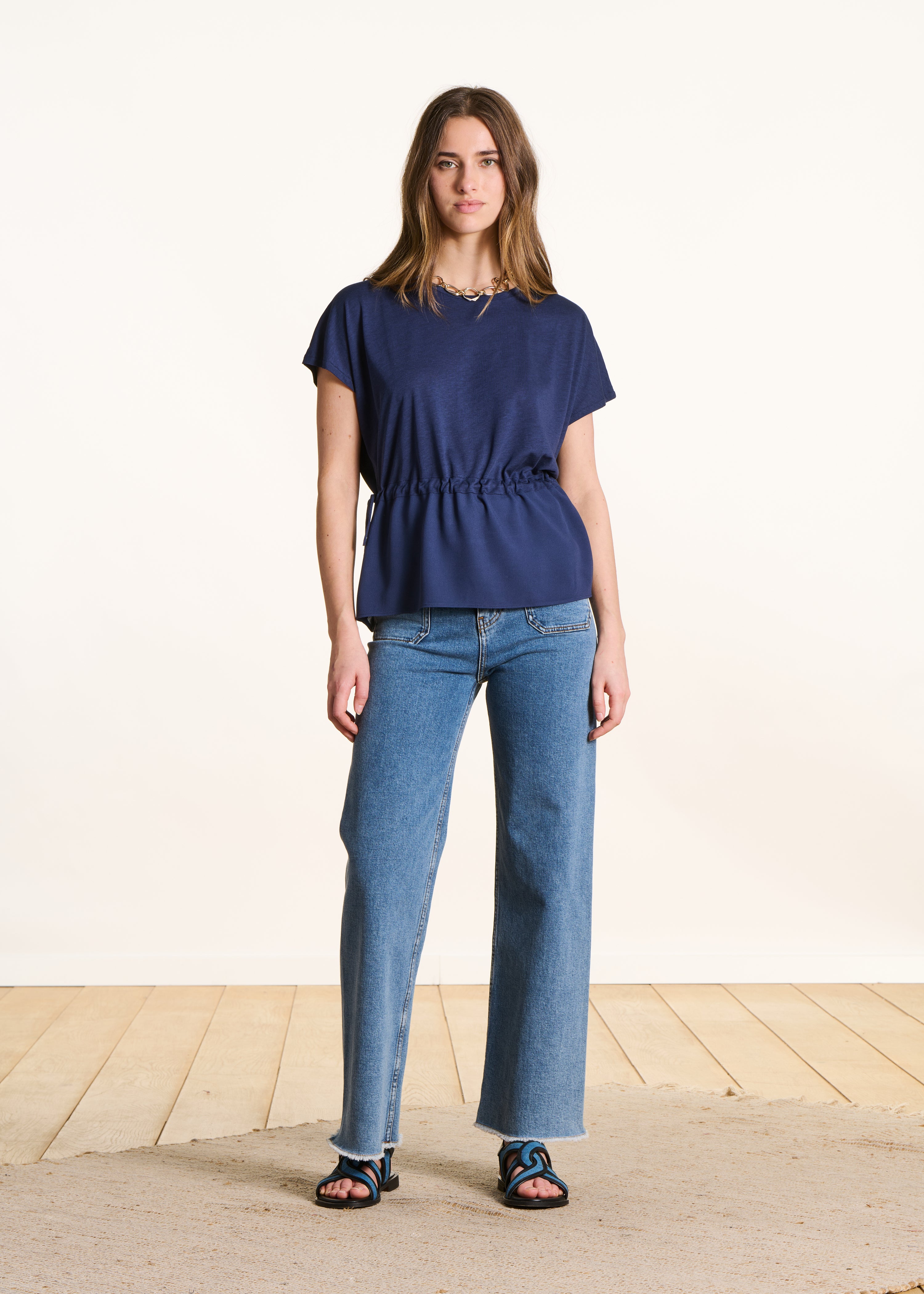 Dark blue loose-fit two-material T-shirt
