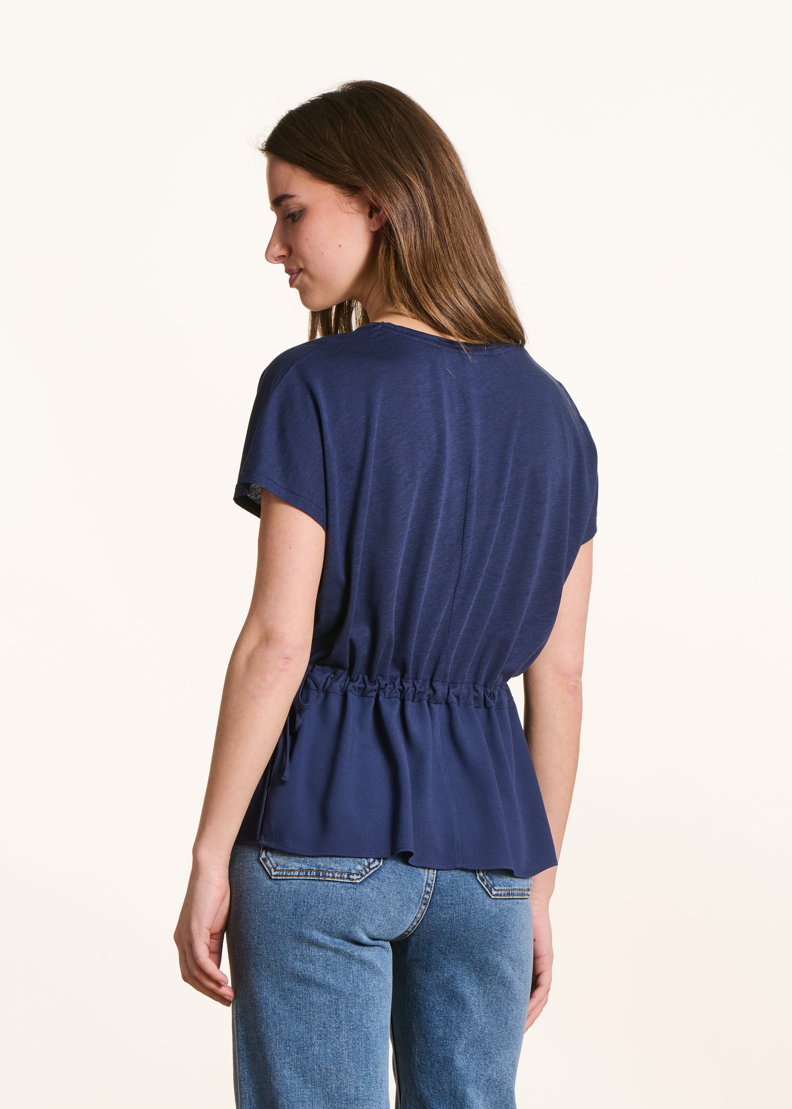 Dark blue loose-fit two-material T-shirt
