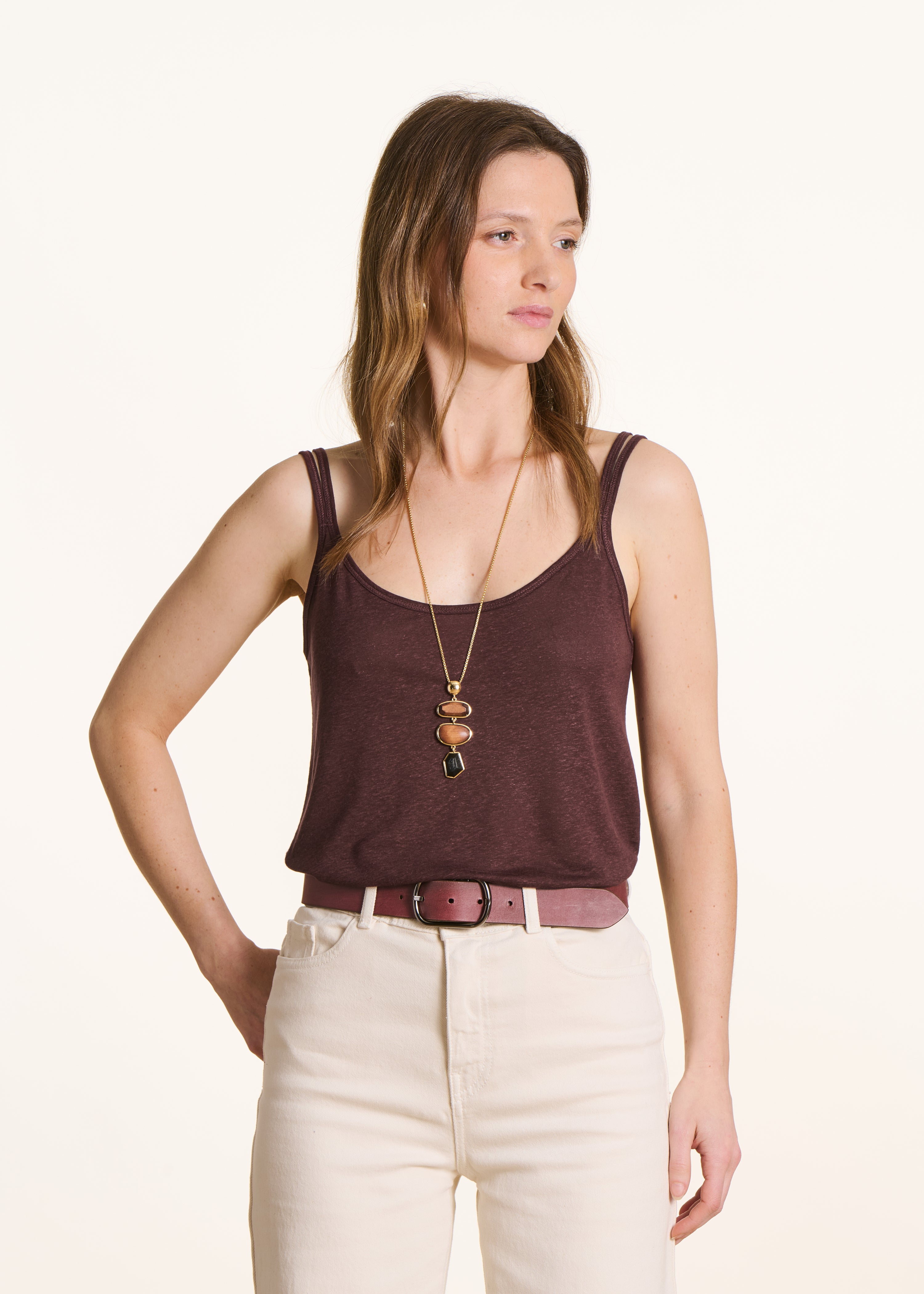 Brown lyocell linen jersey tank top with straps