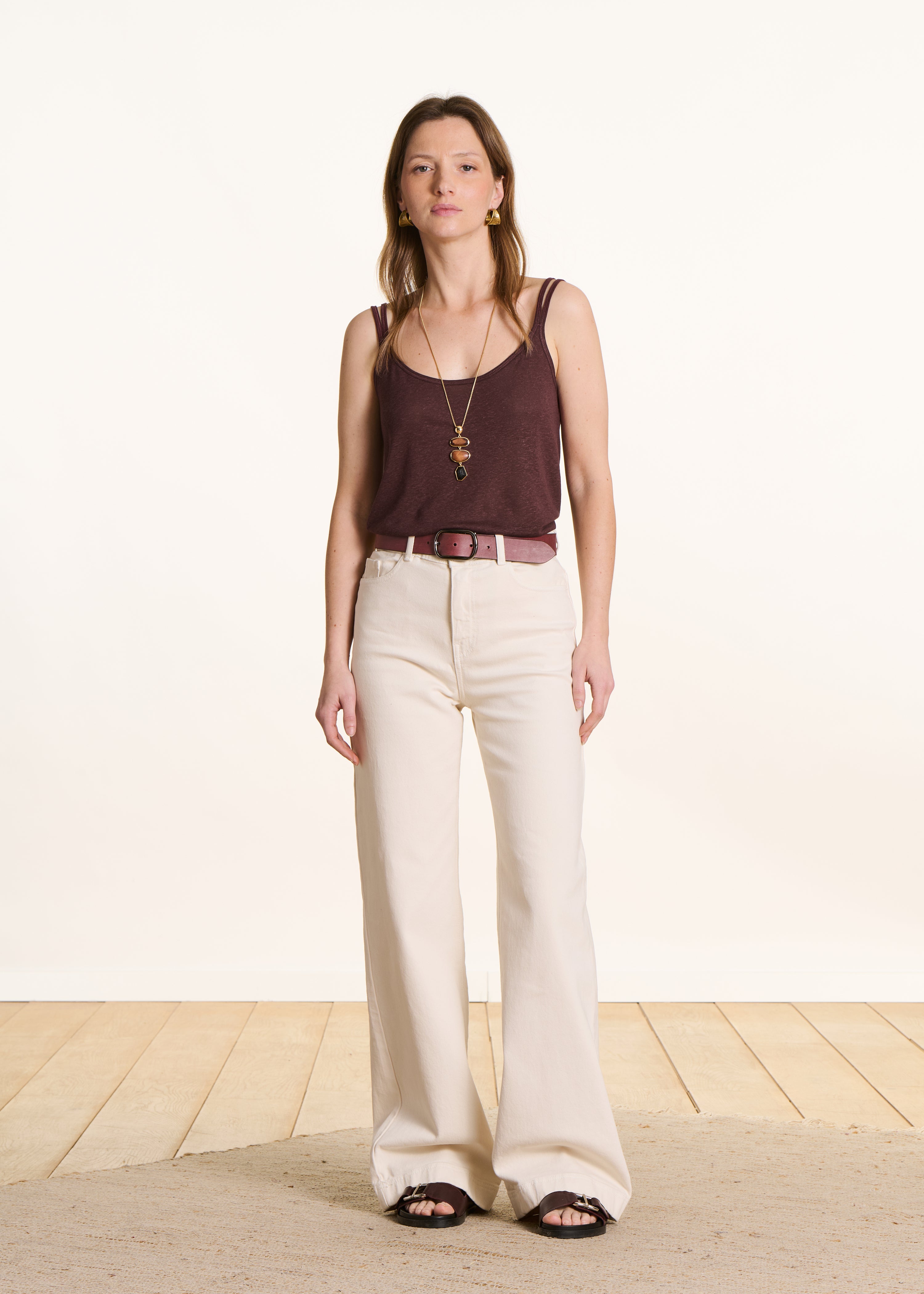 Brown lyocell linen jersey tank top with straps