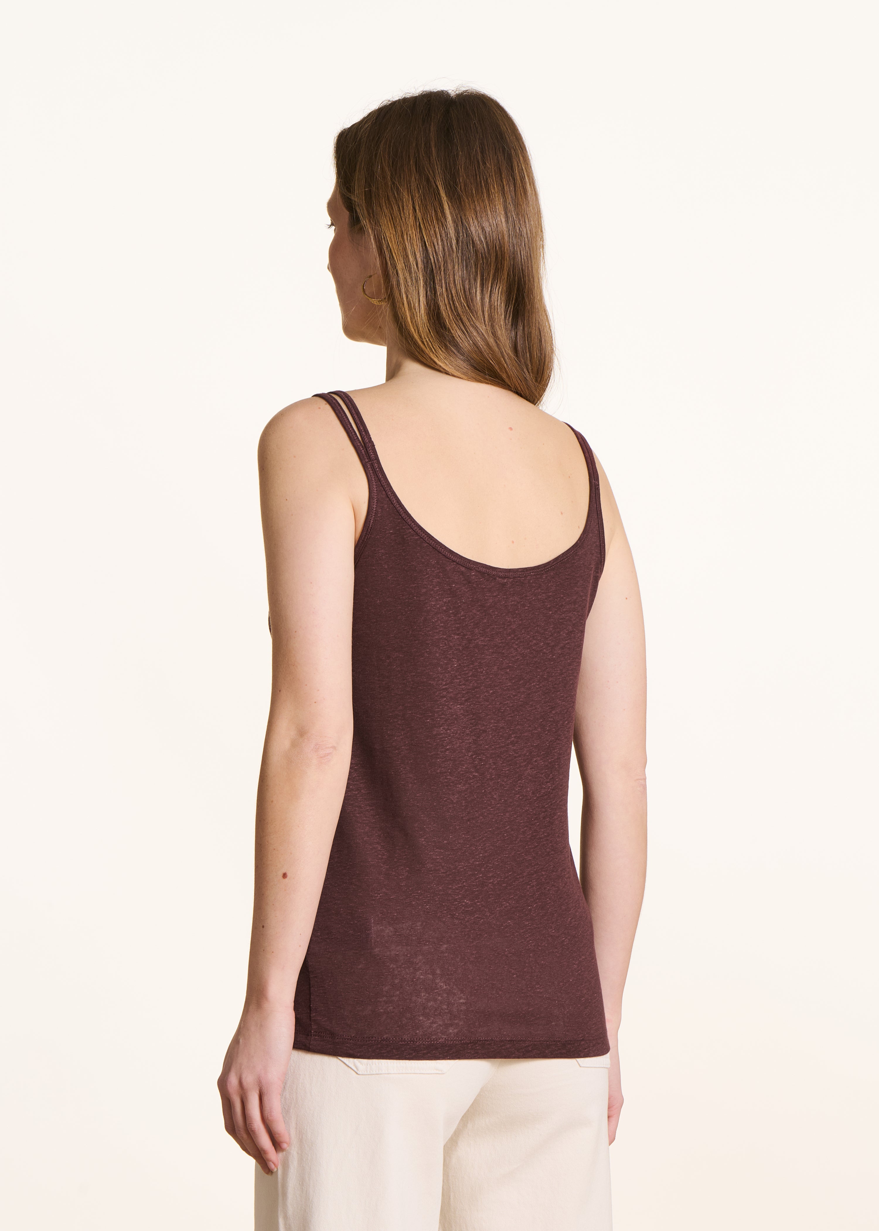 Brown lyocell linen jersey tank top with straps