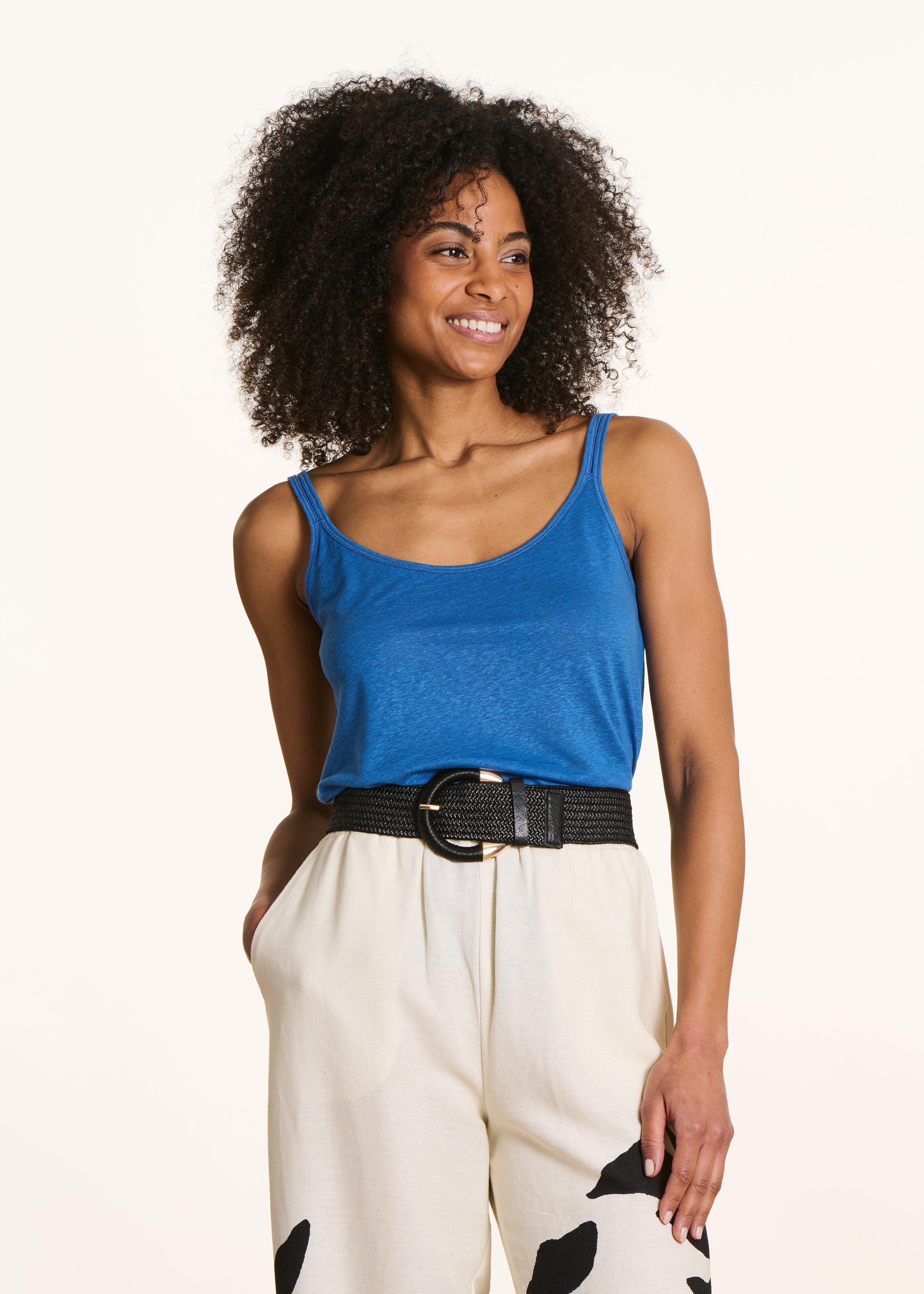 Blue lyocell linen jersey tank top with straps