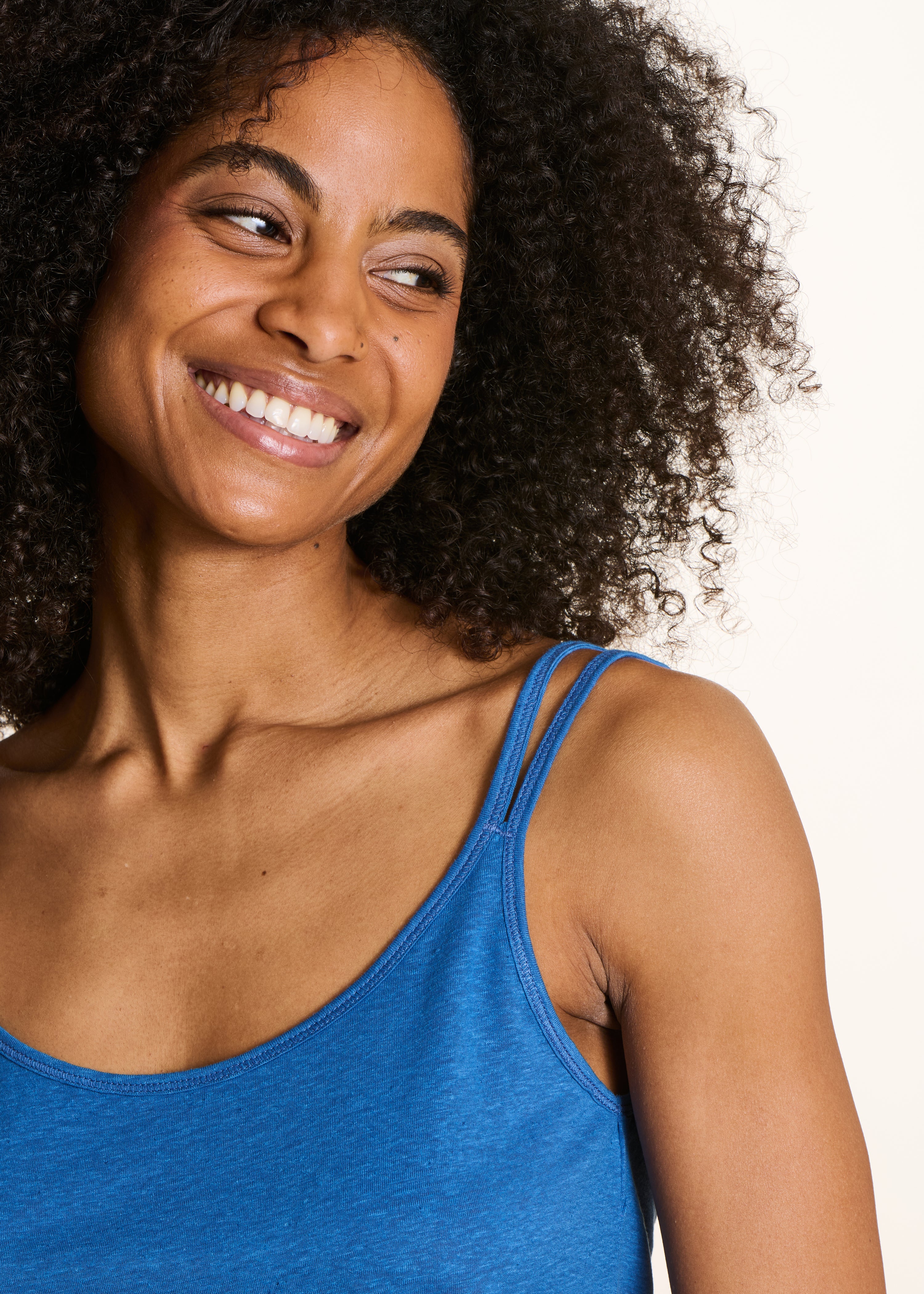 Blue lyocell linen jersey tank top with straps