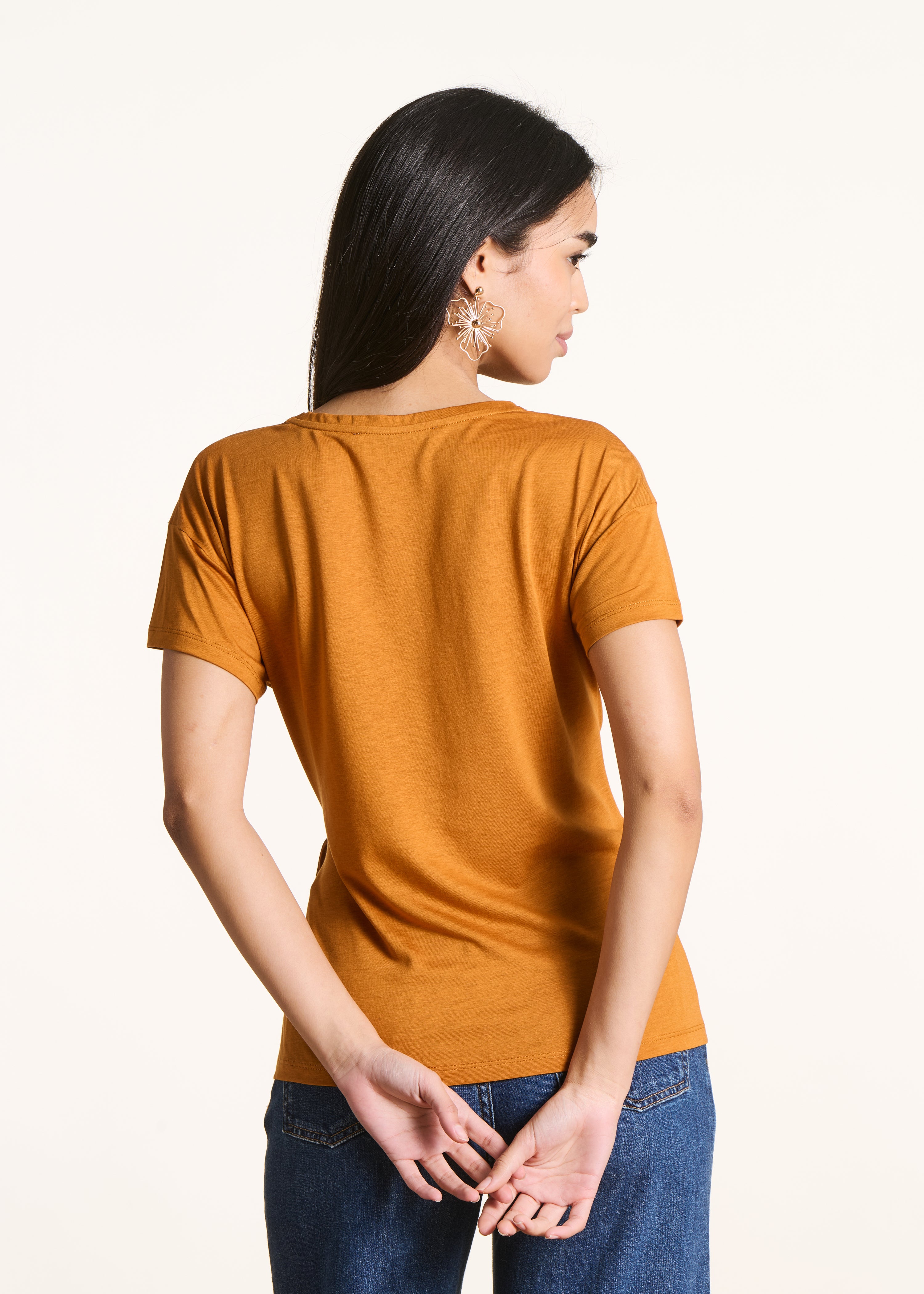 Fließendes T-Shirt in Ocker aus Lyocell und Baumwolle