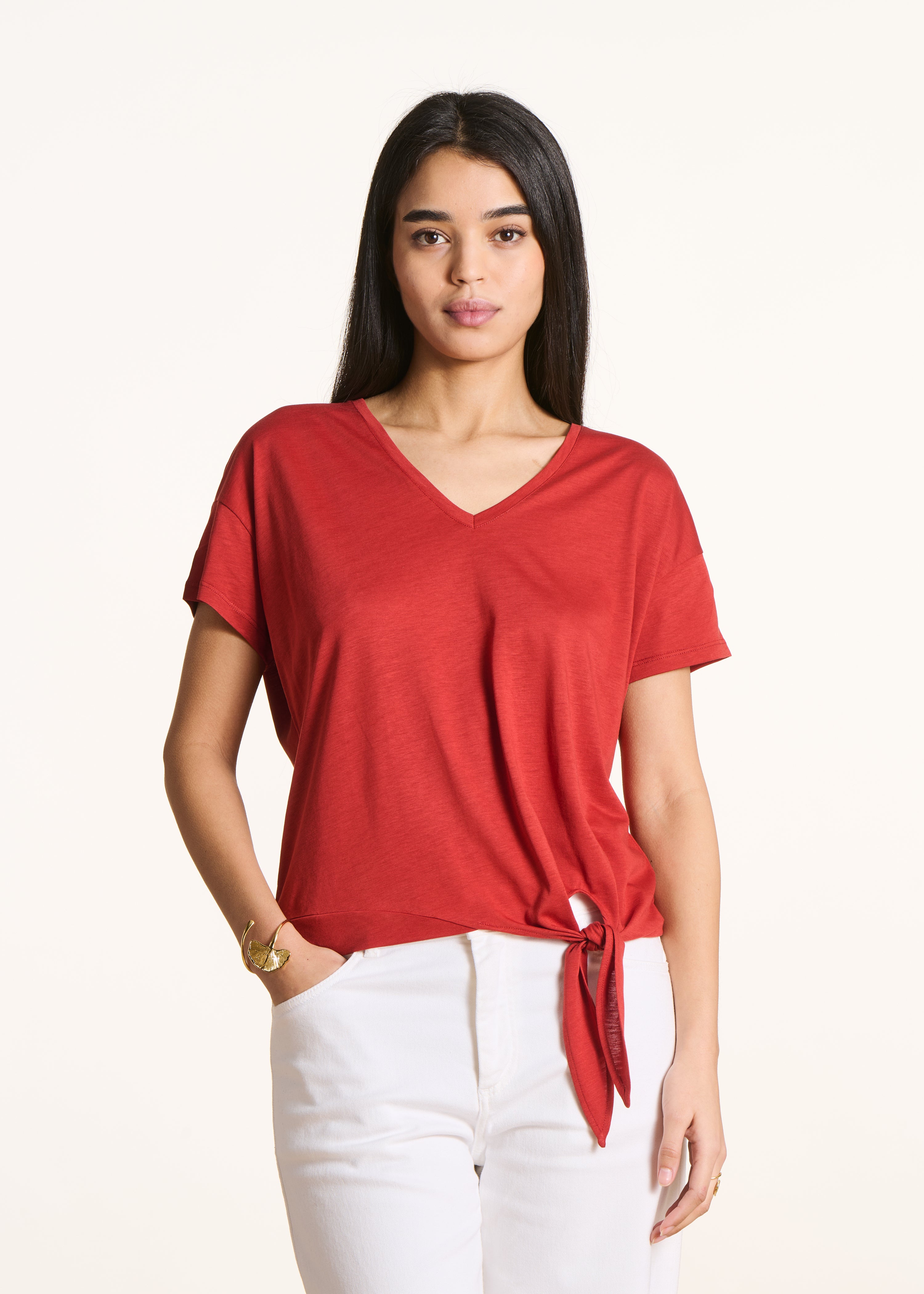 Red lyocell short-sleeve T-shirt