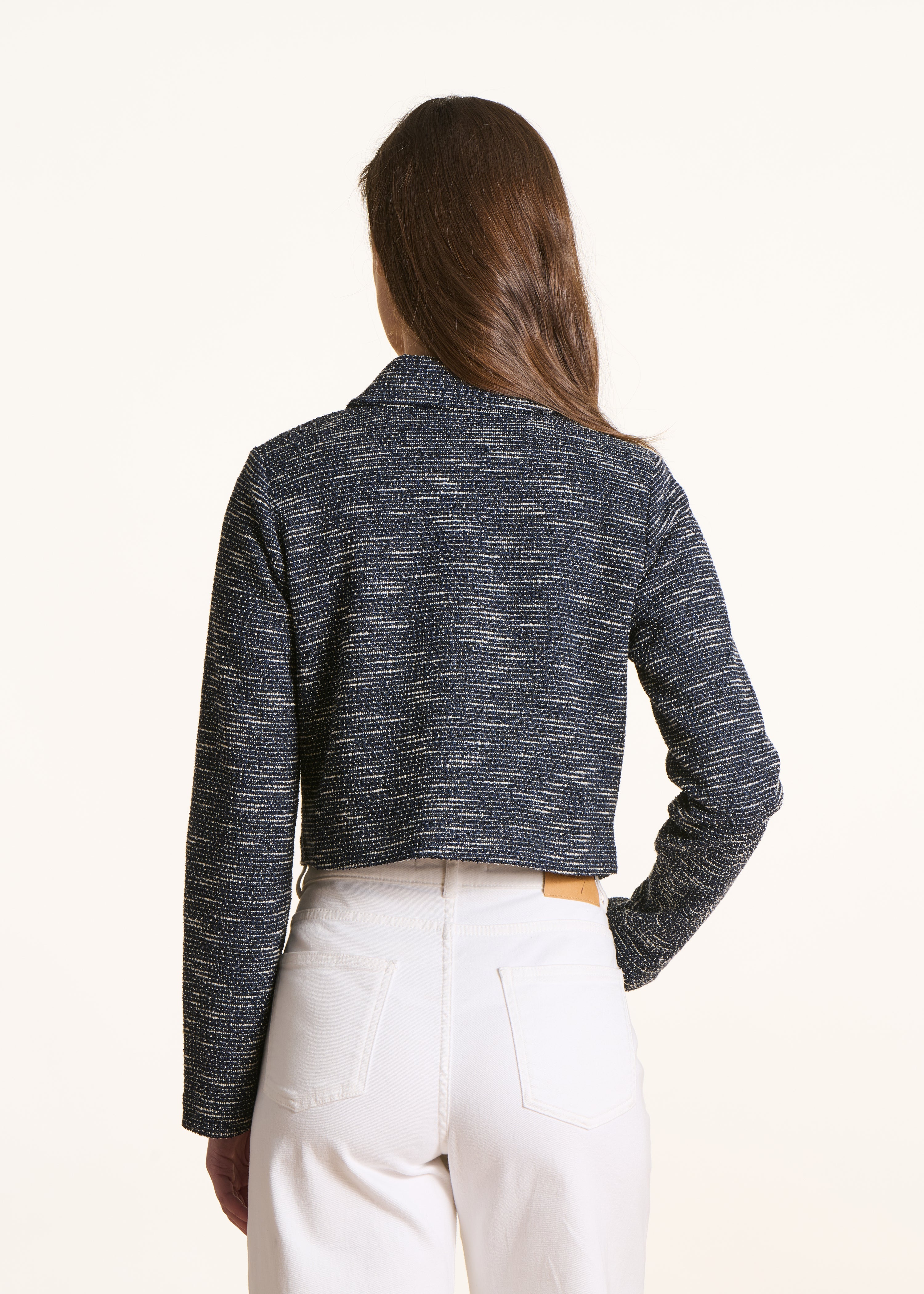 Veste courte bleu marine en milano effet tweed