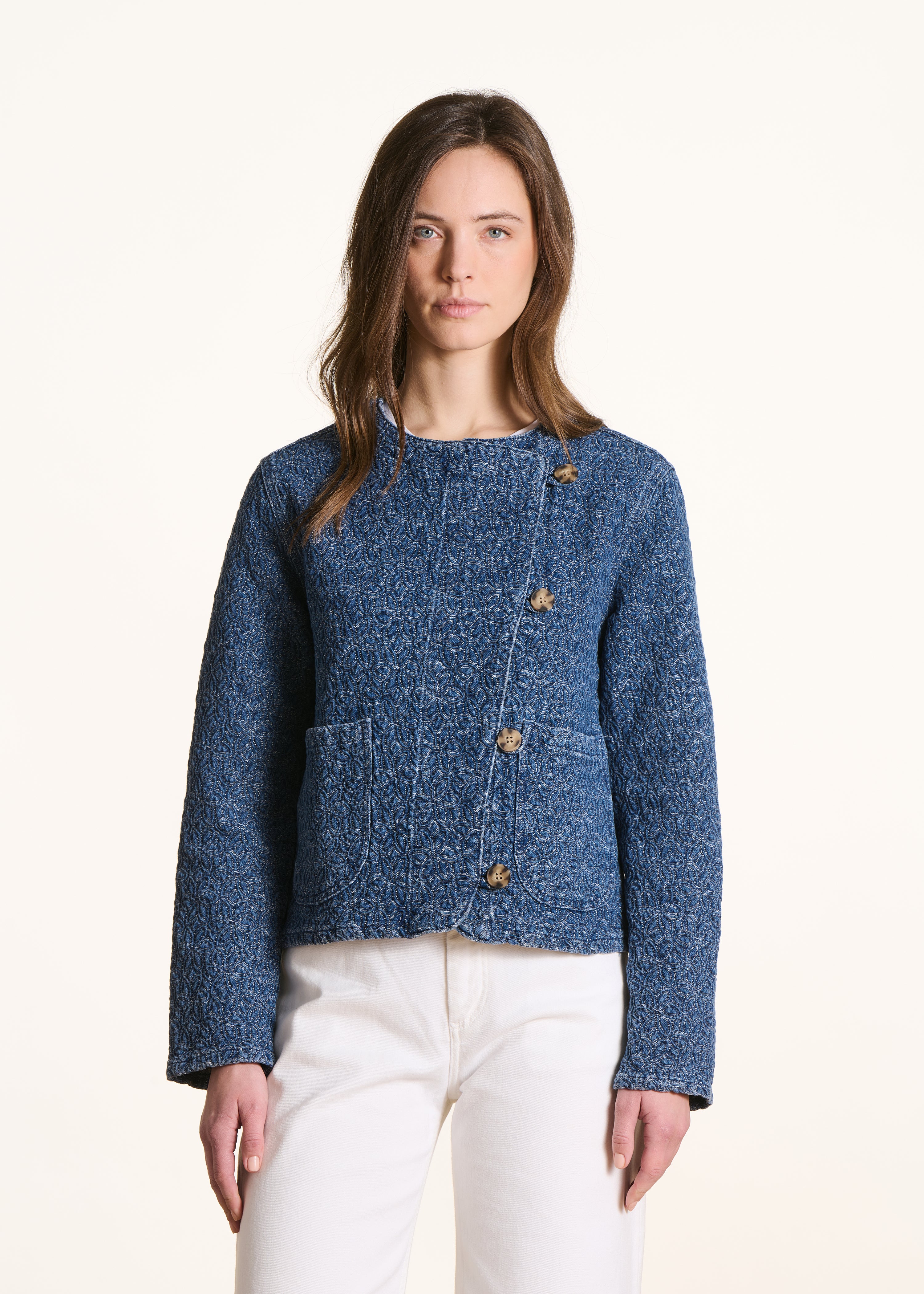 Giacca blu in denim jacquard