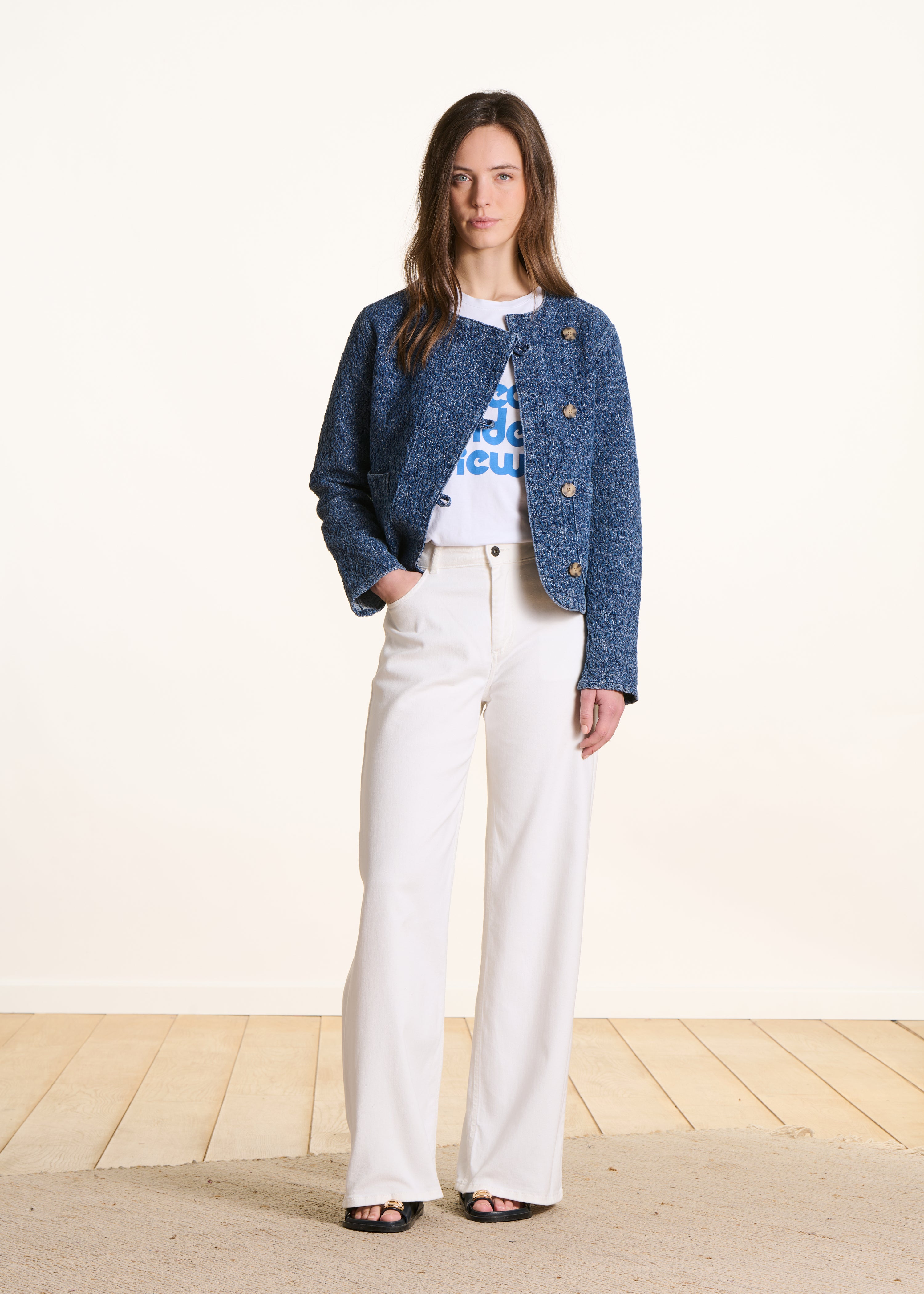 Giacca blu in denim jacquard