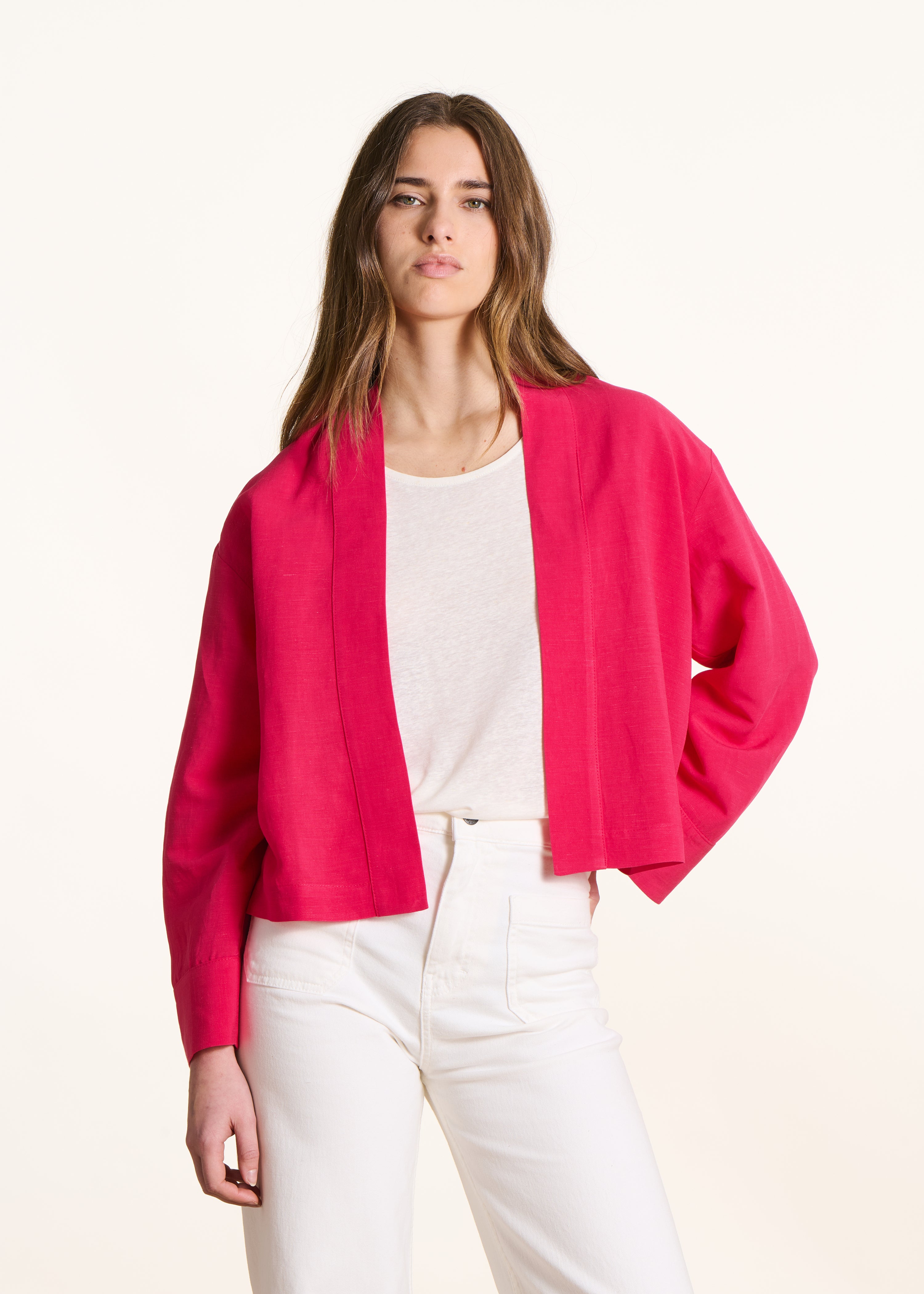 Veste courte ouverte rose fuchsia