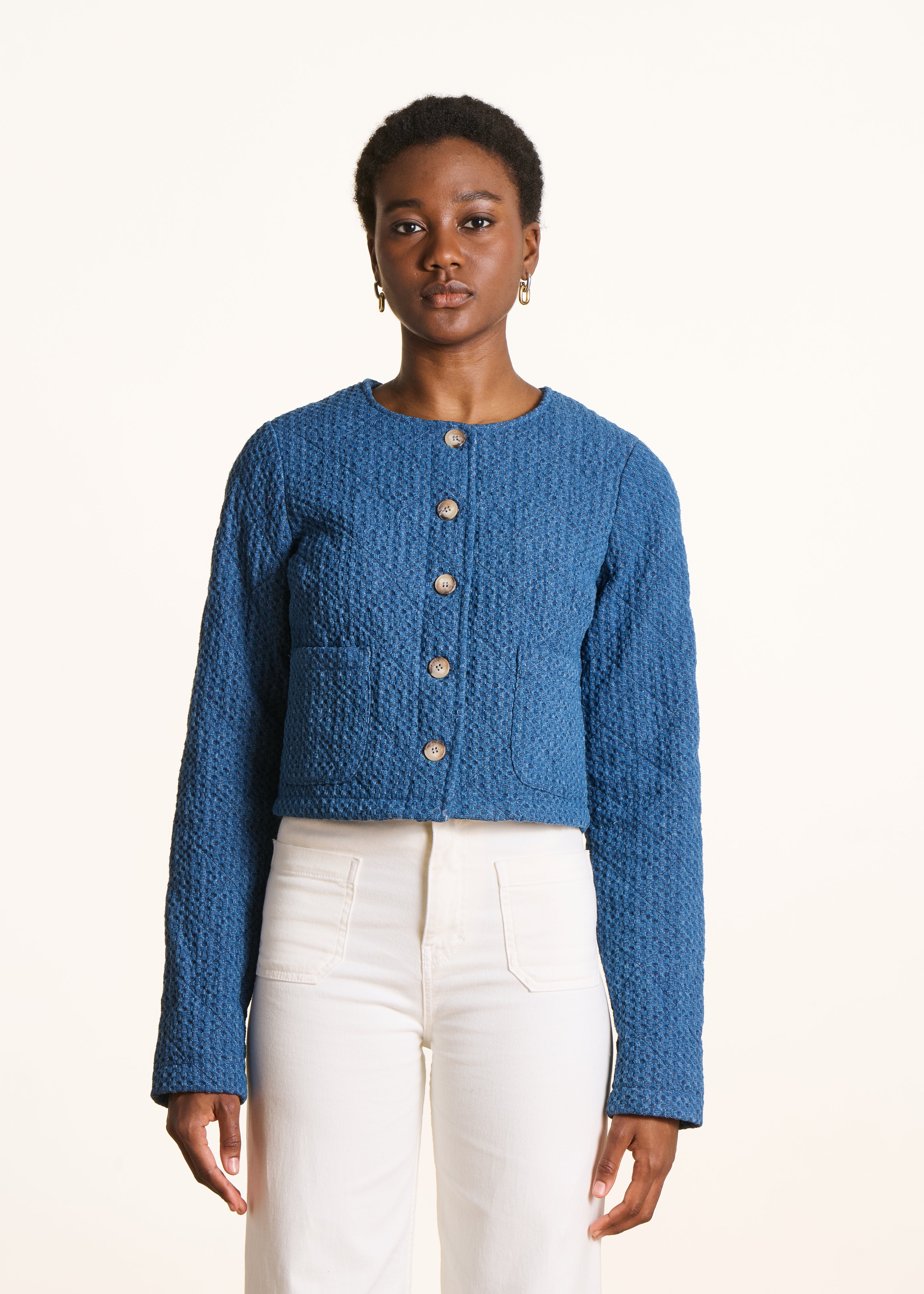 Short jacket in embossed denim