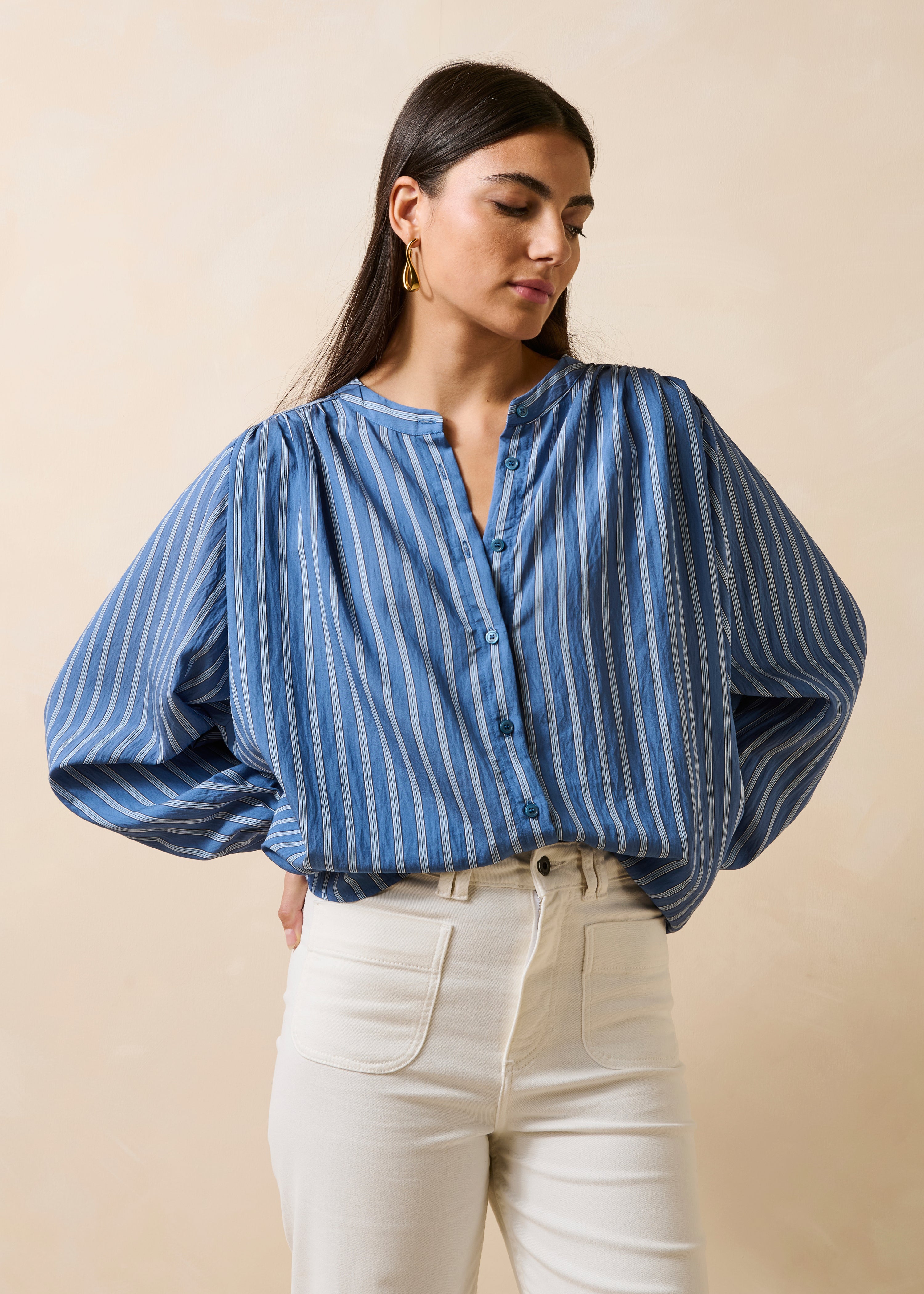 Camicia blu a righe maniche lunghe collo alla coreana