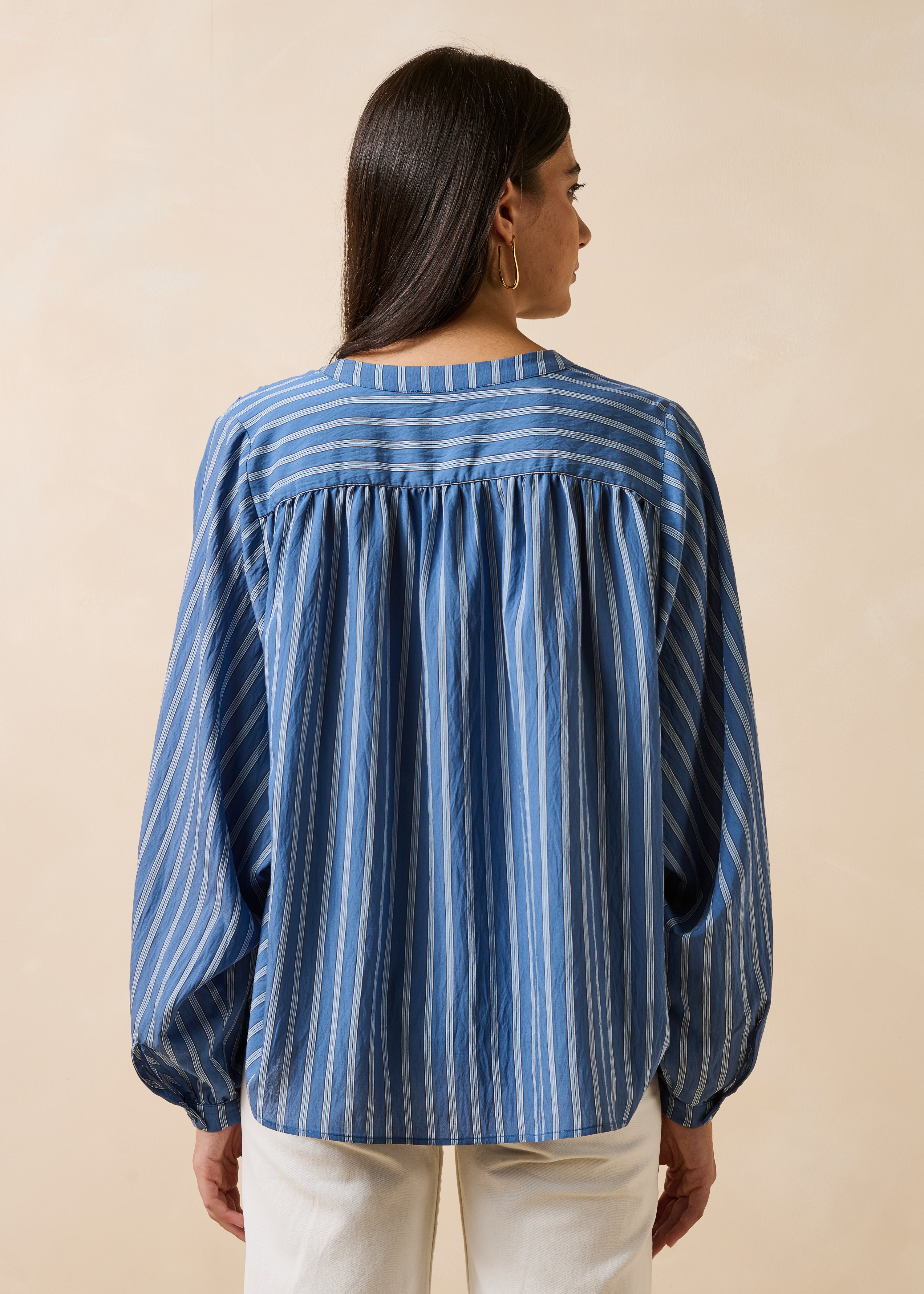 Camicia blu a righe maniche lunghe collo alla coreana