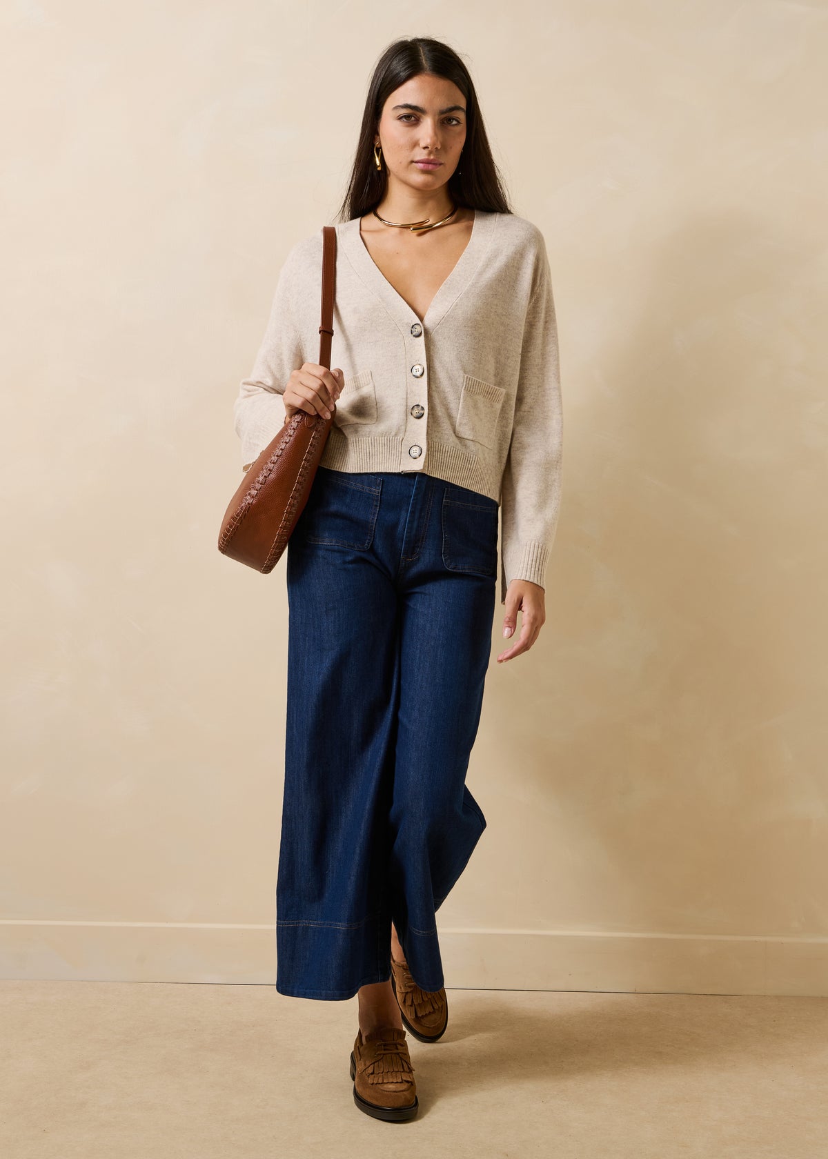 Beiger Langarm-Strickjacke aus Wolle und Kaschmir mit V-Ausschnitt