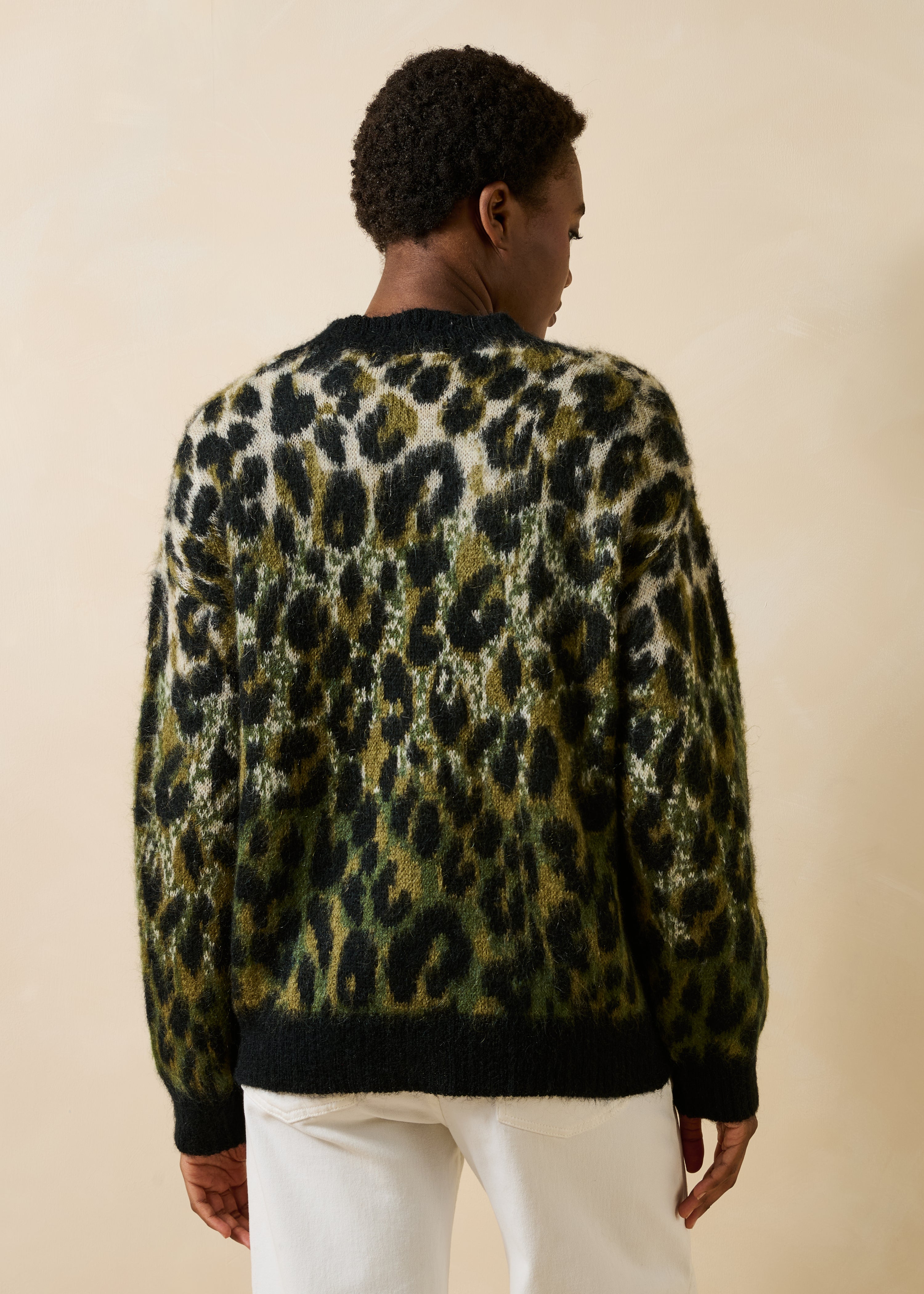 Gilet kaki à imprimé léopard manches longues en jacquard
