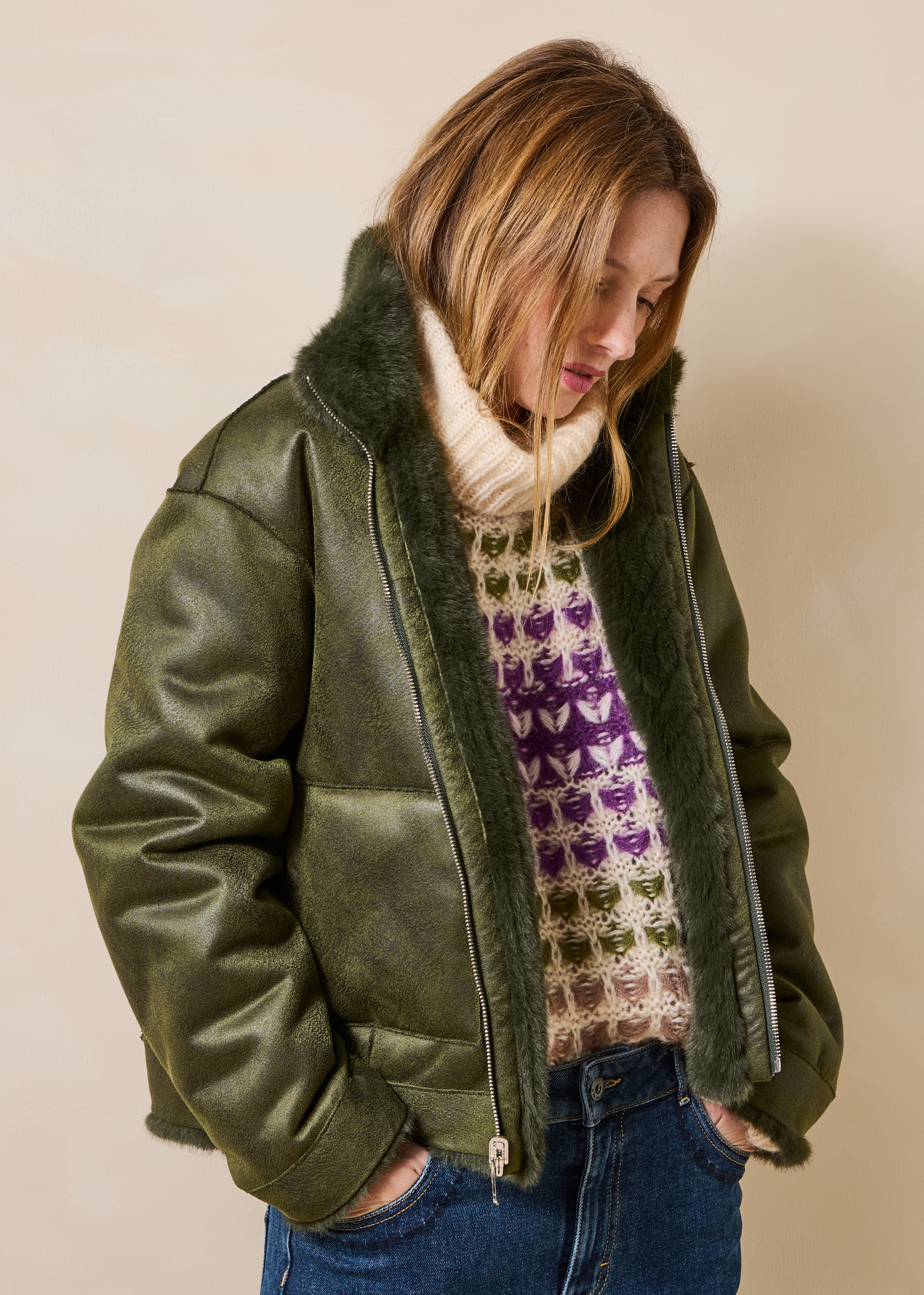 Reversible Short Khaki Jacket with Stand-Up Collar