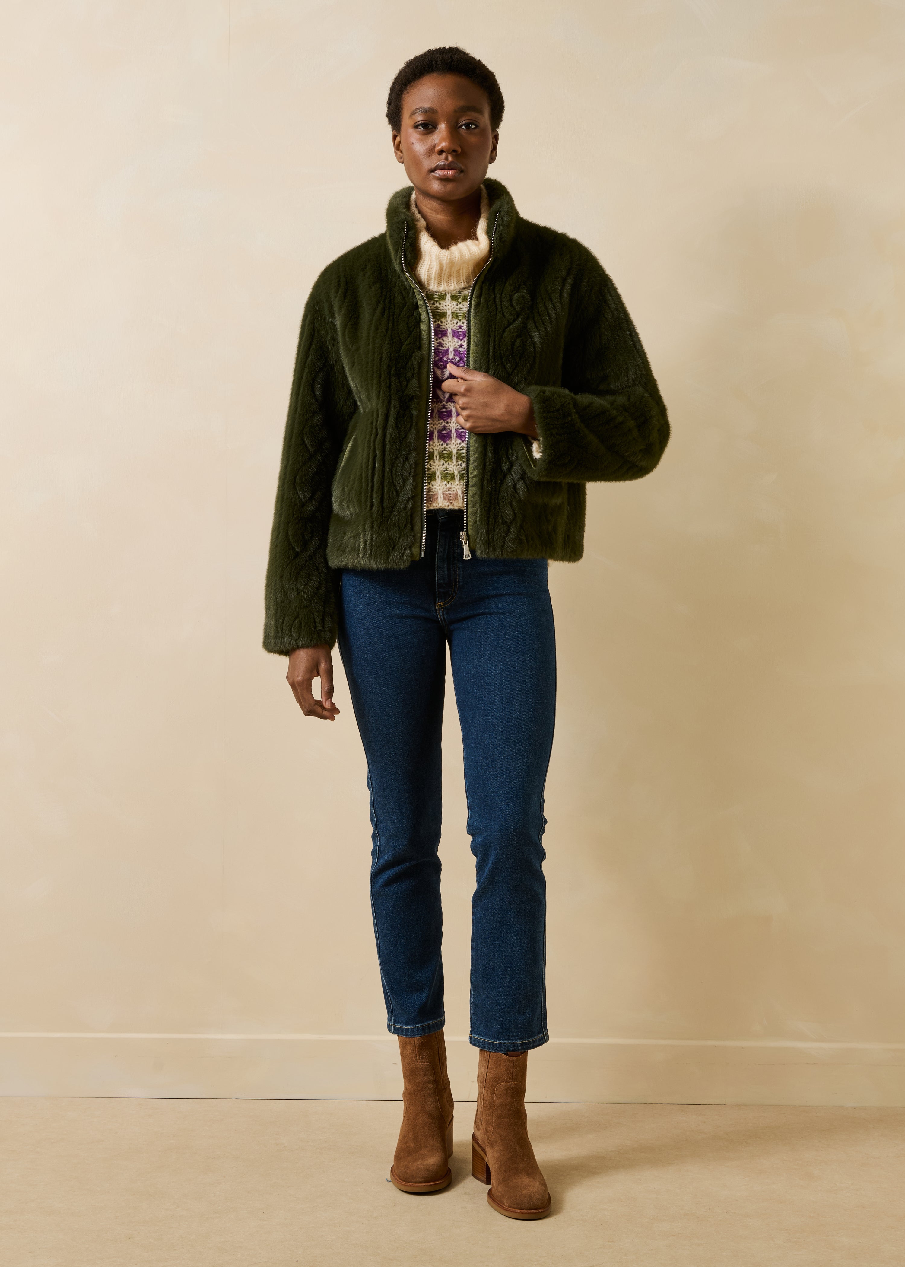 Reversible Short Khaki Jacket with Stand-Up Collar