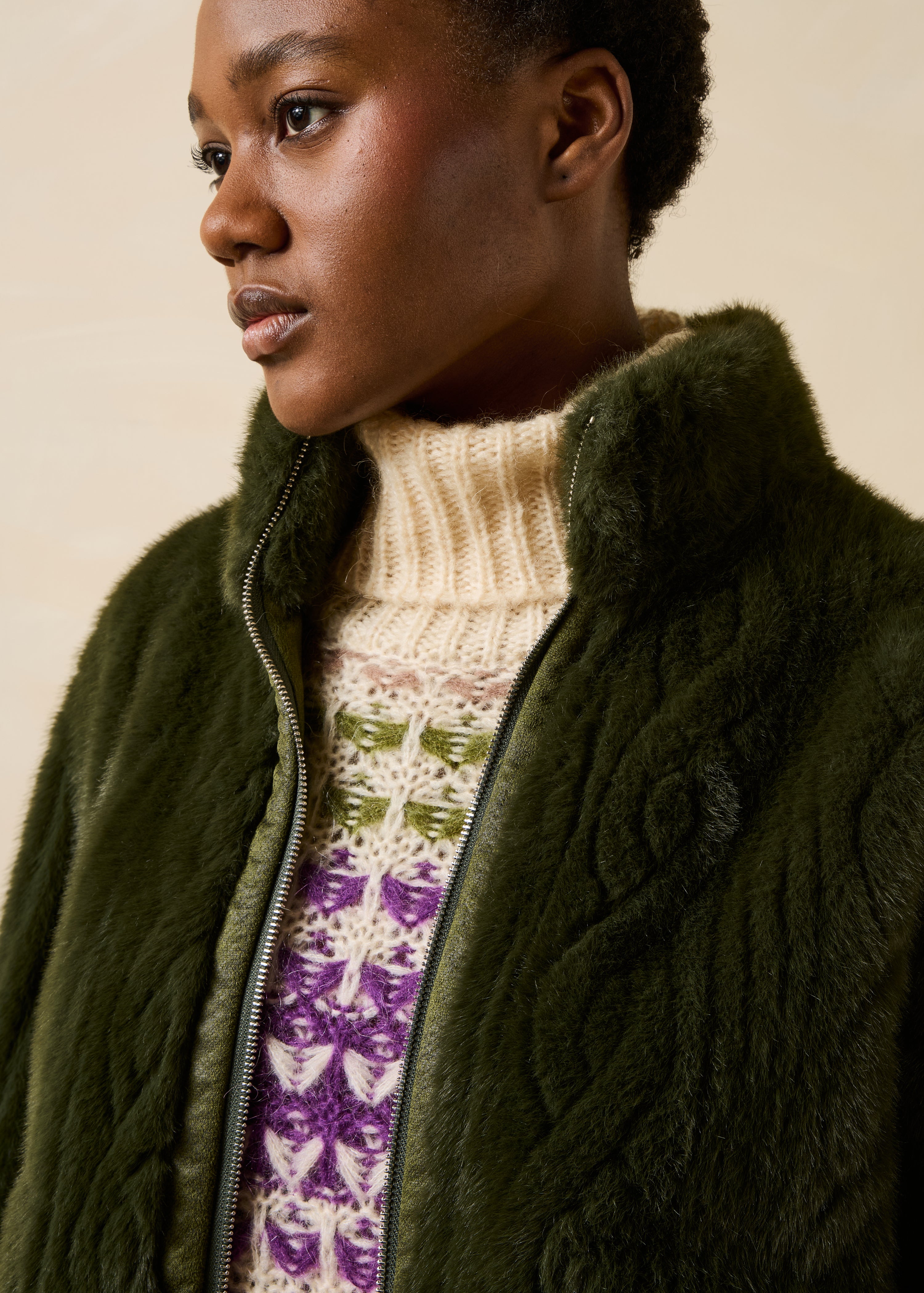 Reversible Short Khaki Jacket with Stand-Up Collar