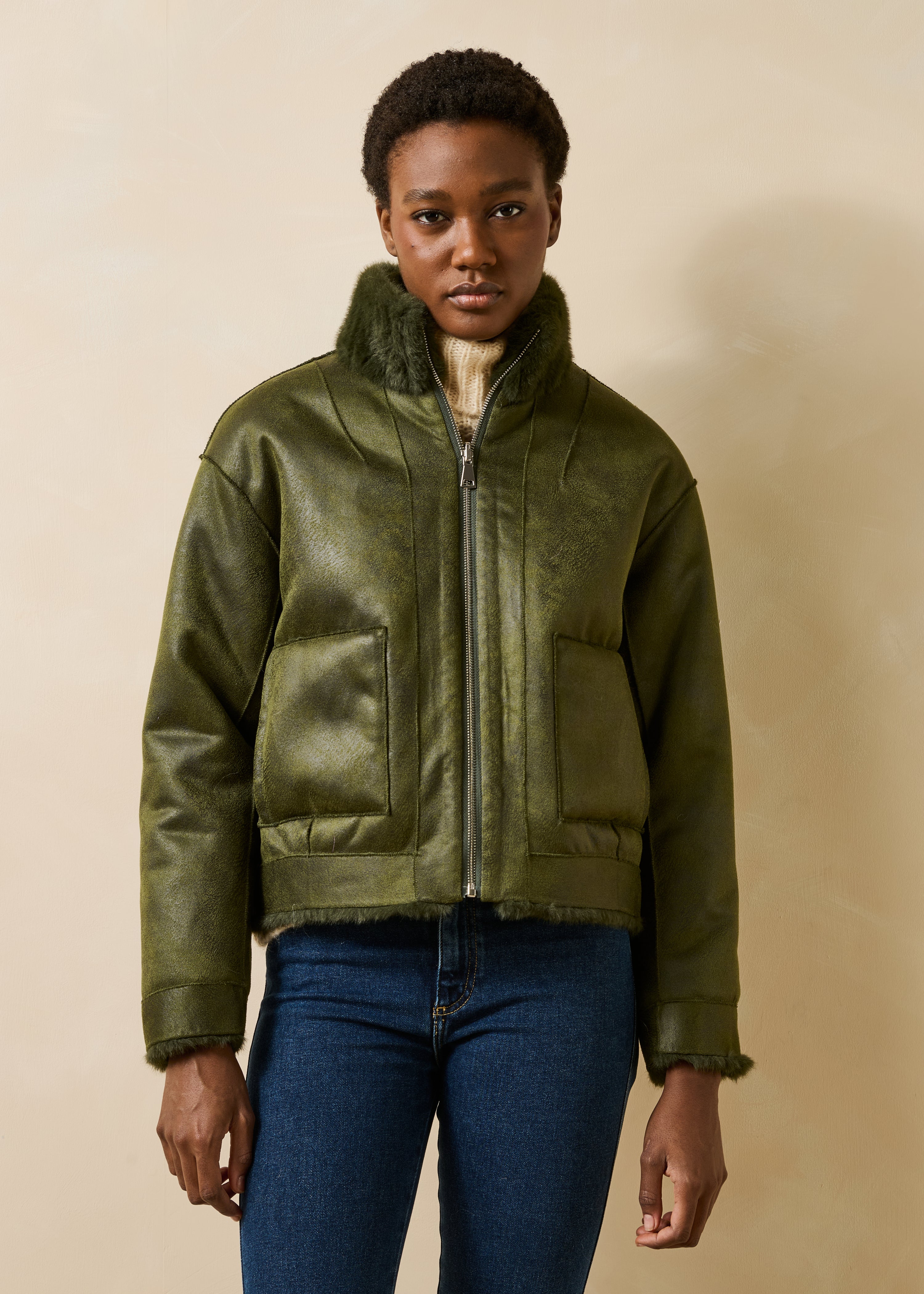 Reversible Short Khaki Jacket with Stand-Up Collar