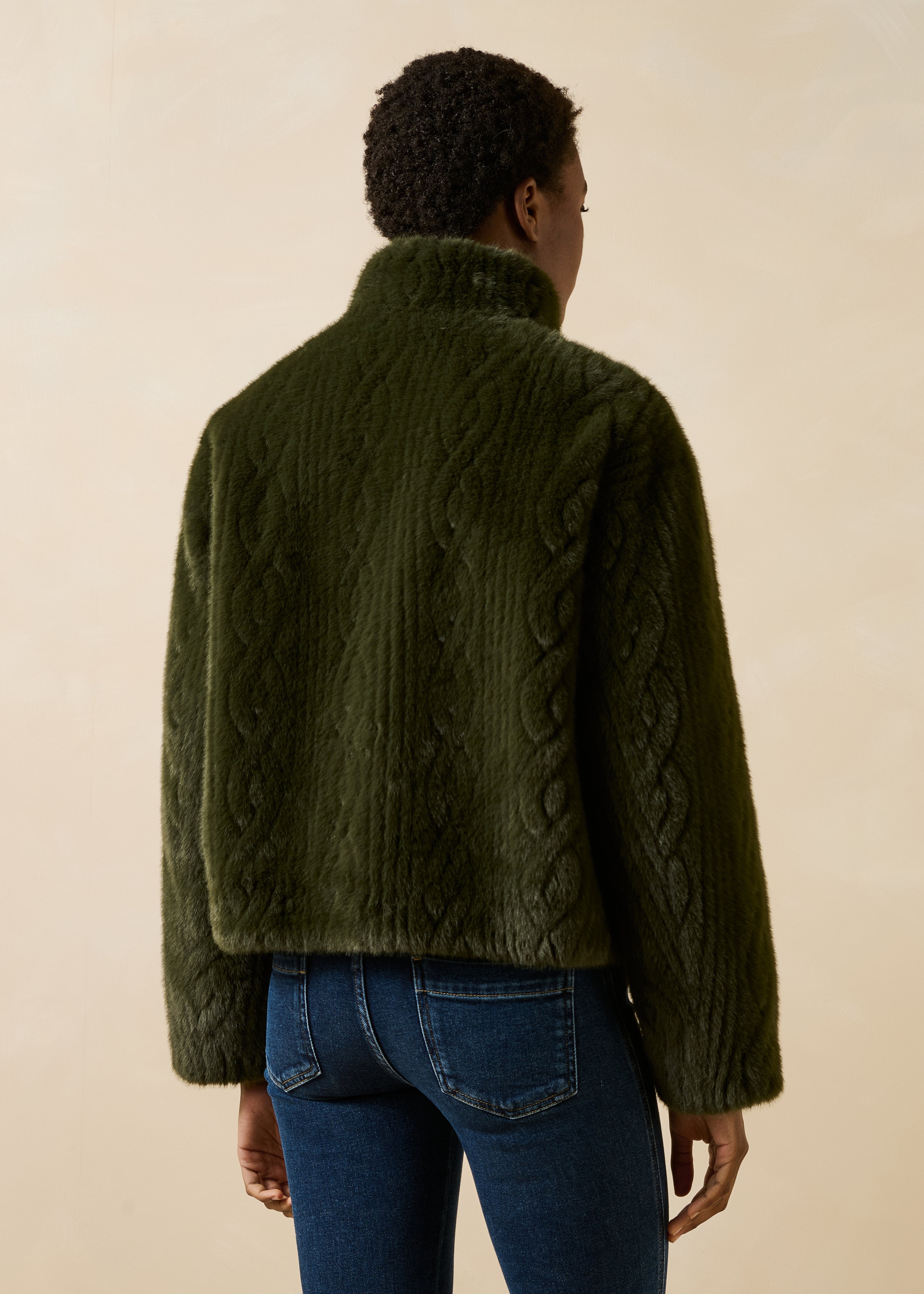 Reversible Short Khaki Jacket with Stand-Up Collar