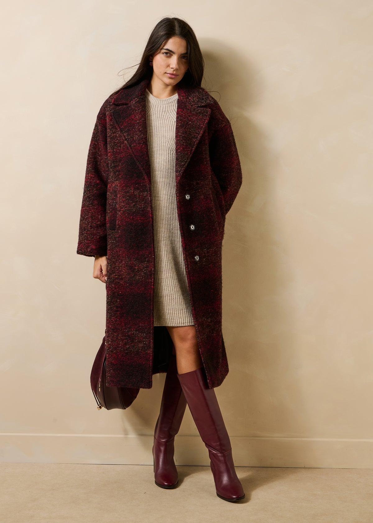 Cappotto 3/4 bordeaux a quadri
