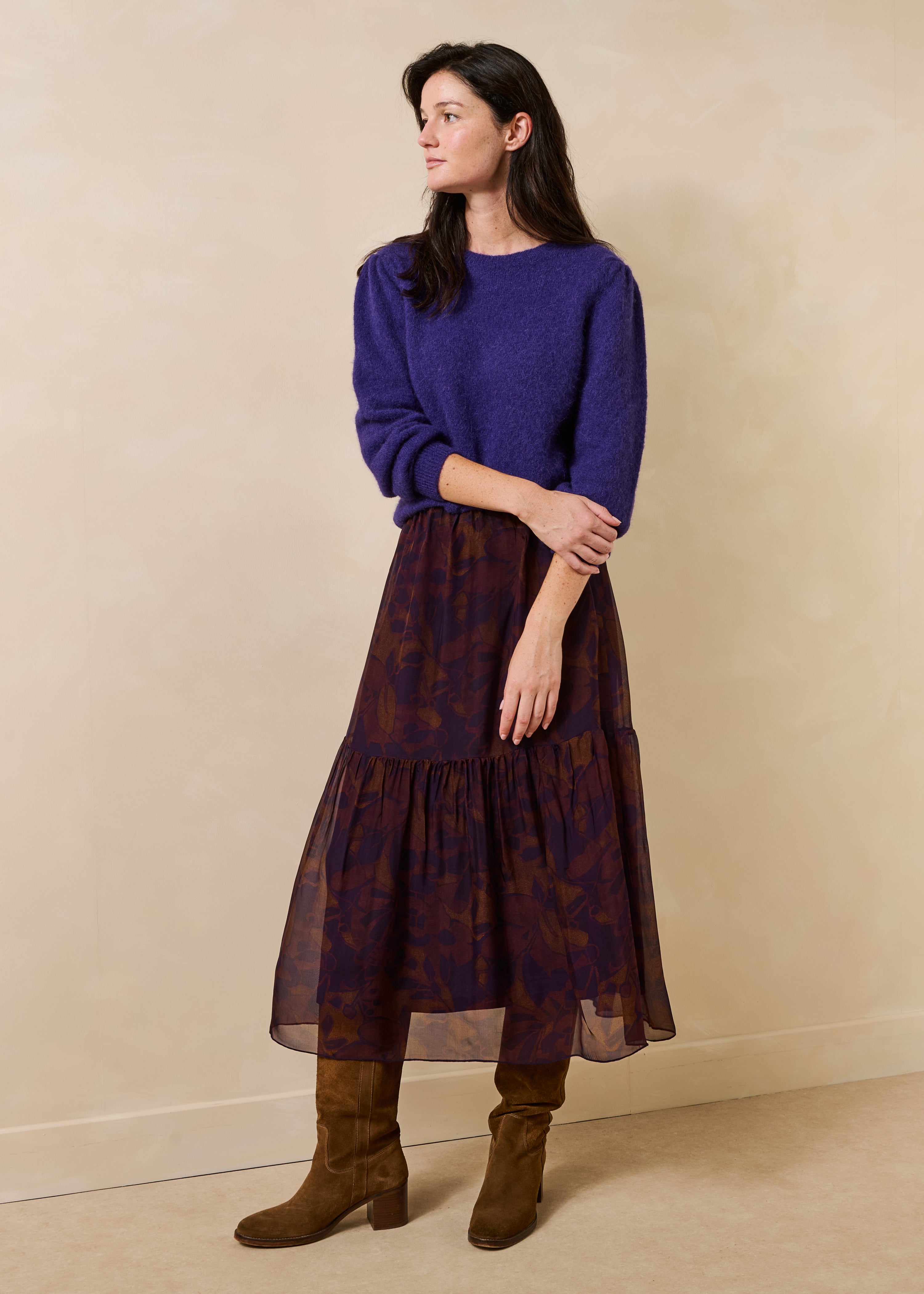 Gonna lunga viola elasticizzata con stampa floreale
