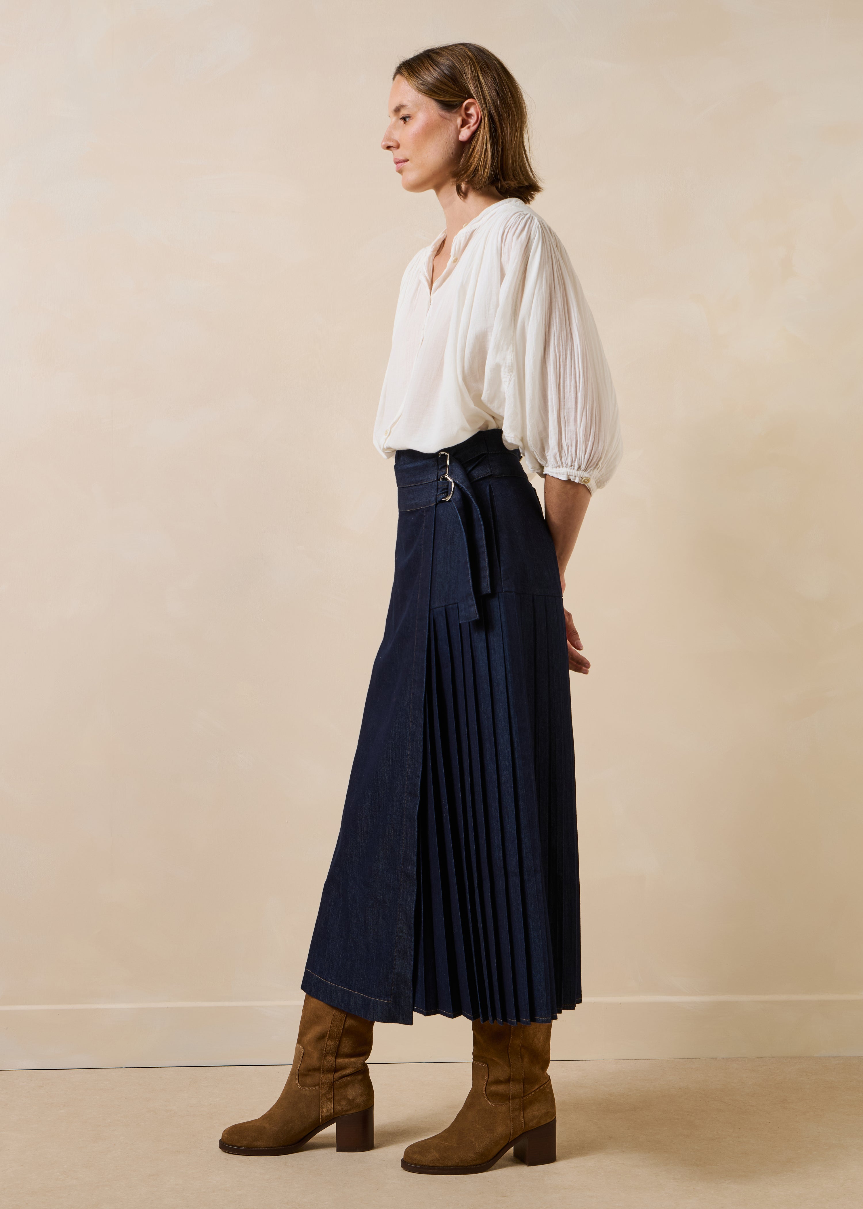 Gonna midi portafoglio in denim grezzo