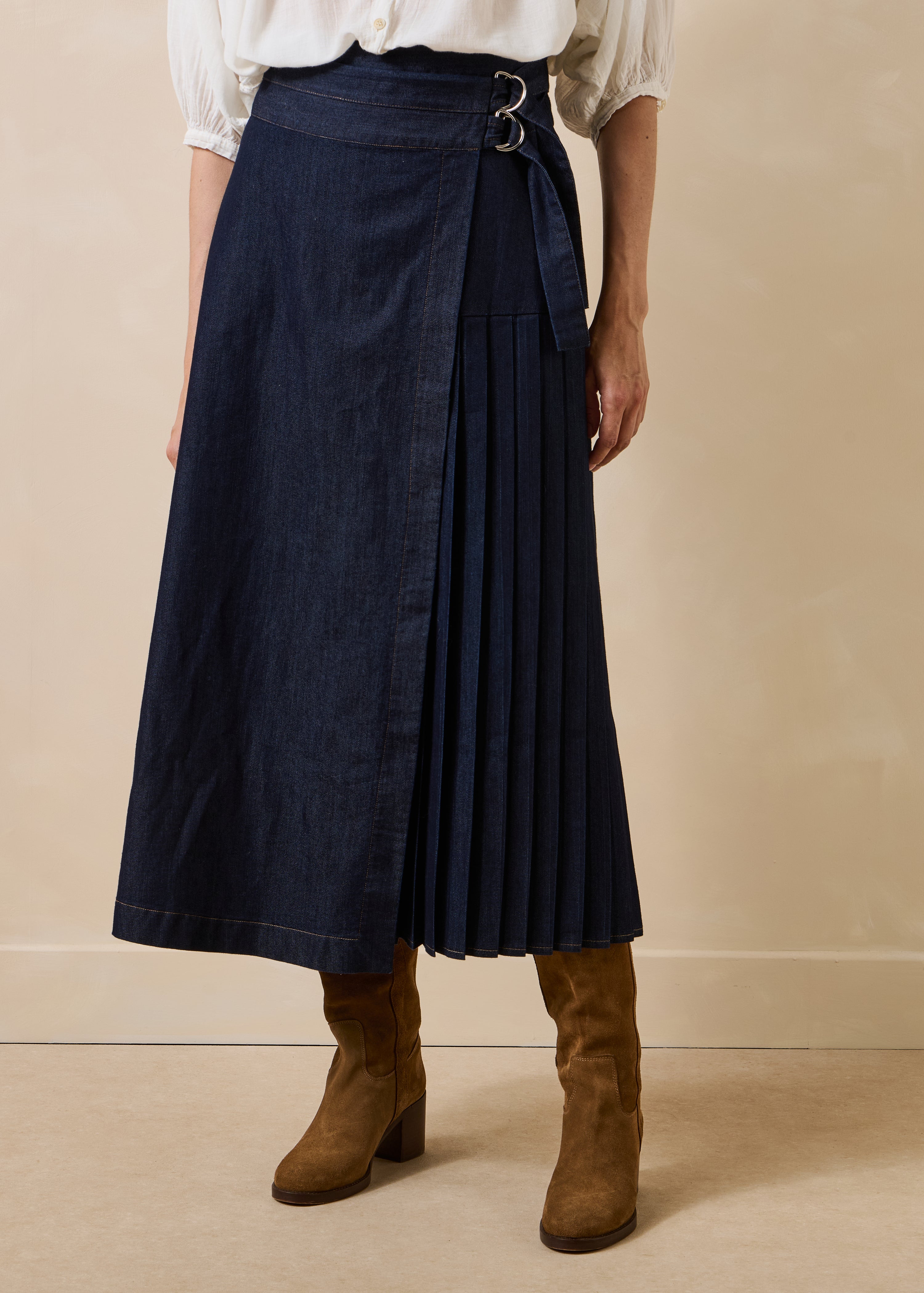 Gonna midi portafoglio in denim grezzo
