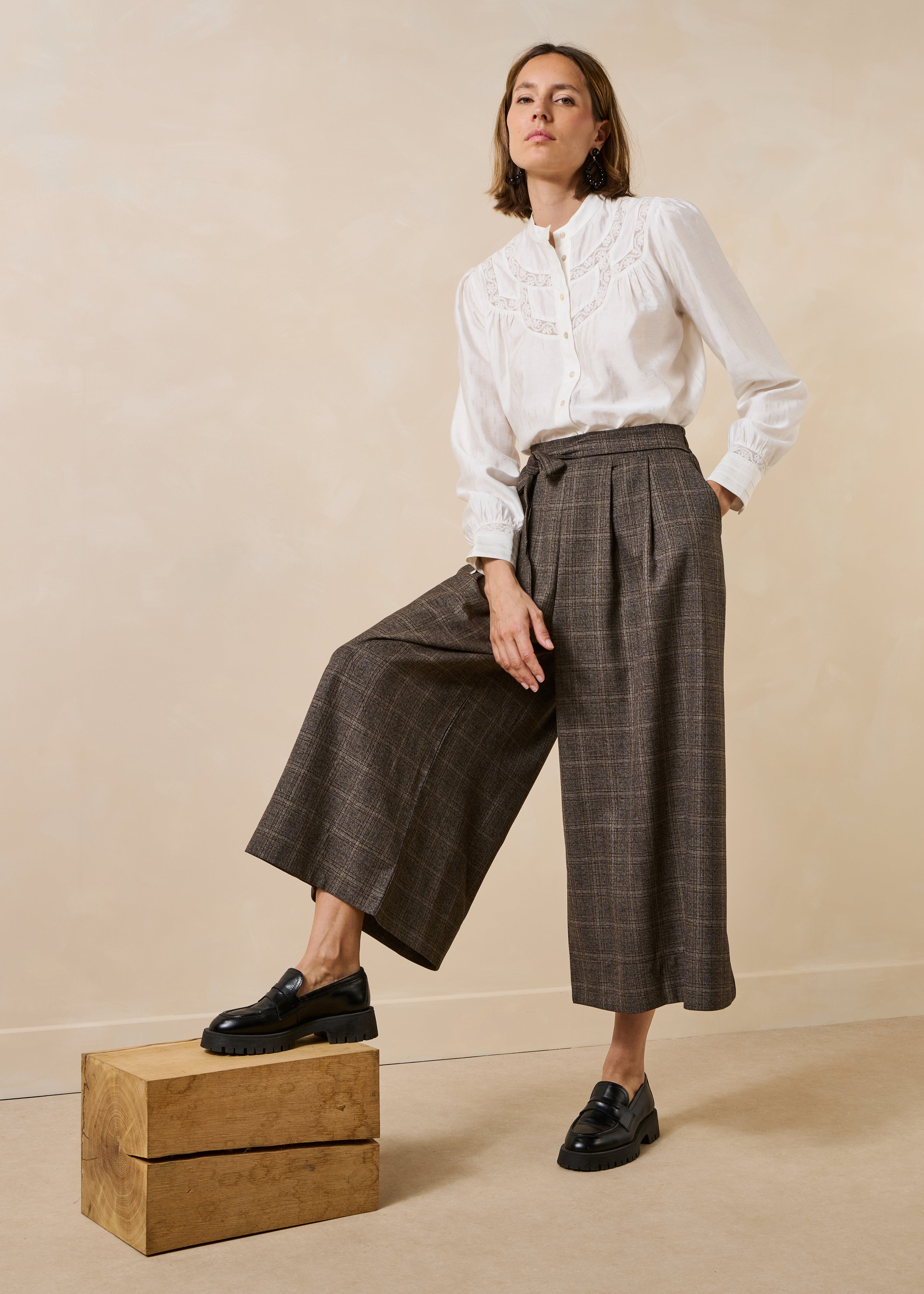 7/8e geruite culotte broekrok in bruin