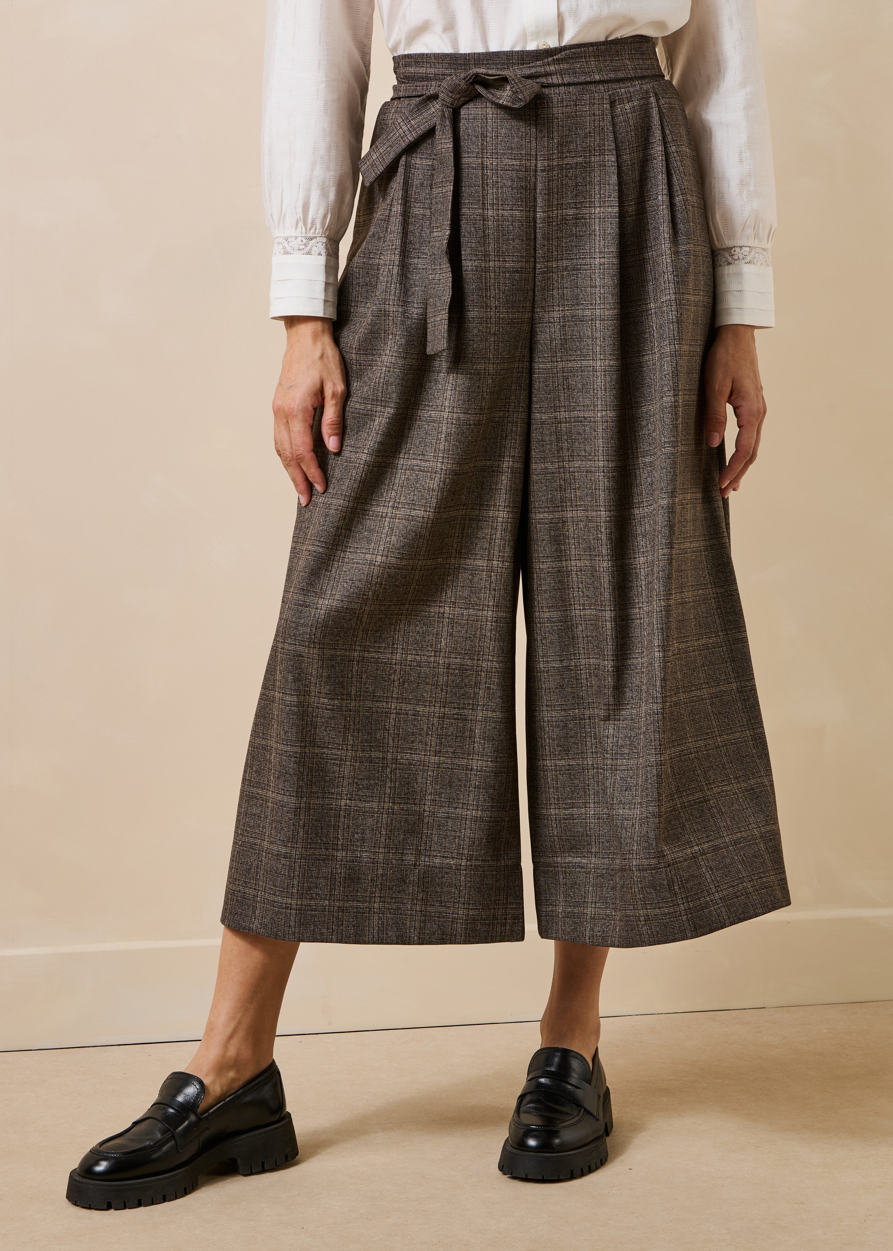 7/8e geruite culotte broekrok in bruin