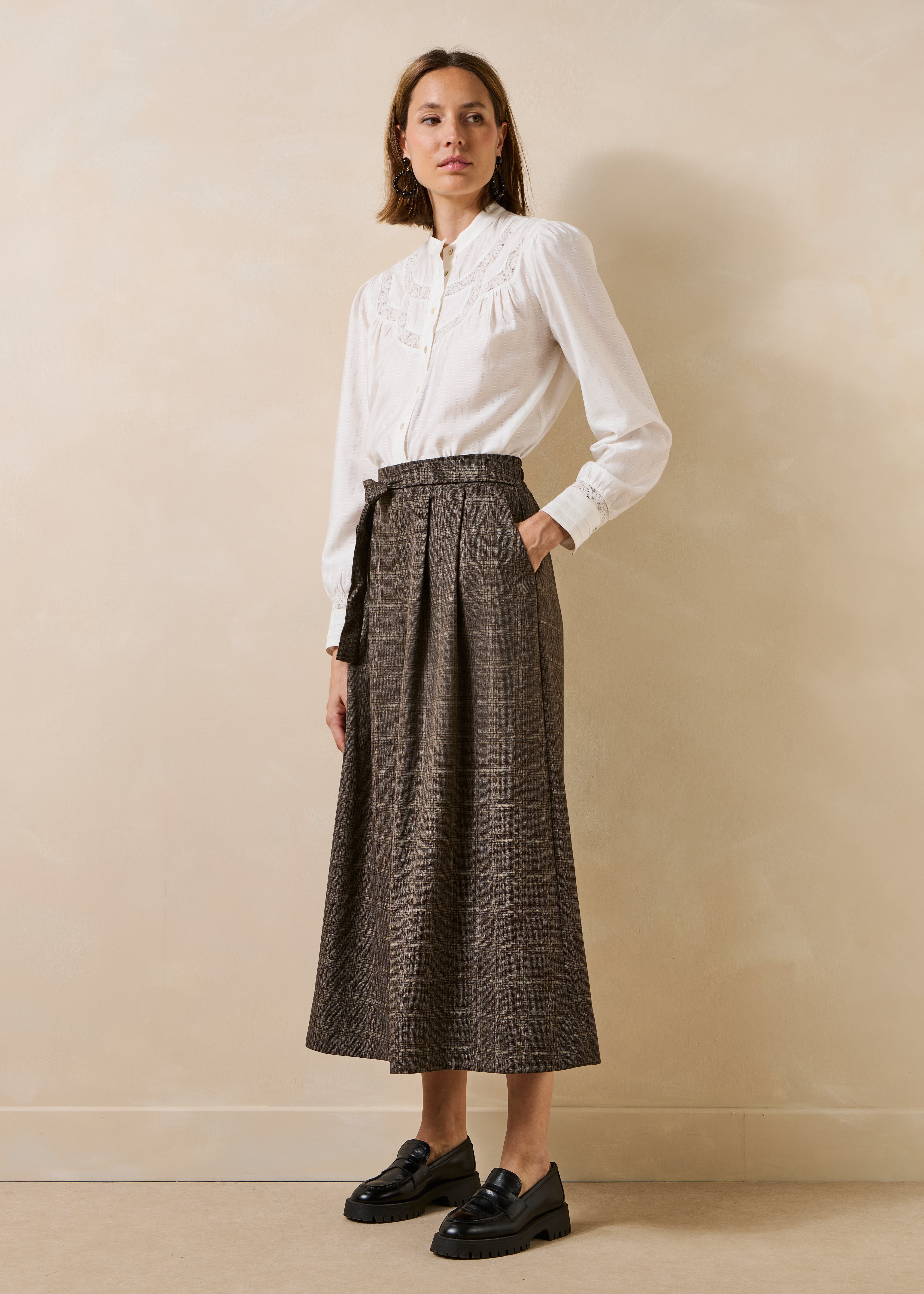 7/8e geruite culotte broekrok in bruin