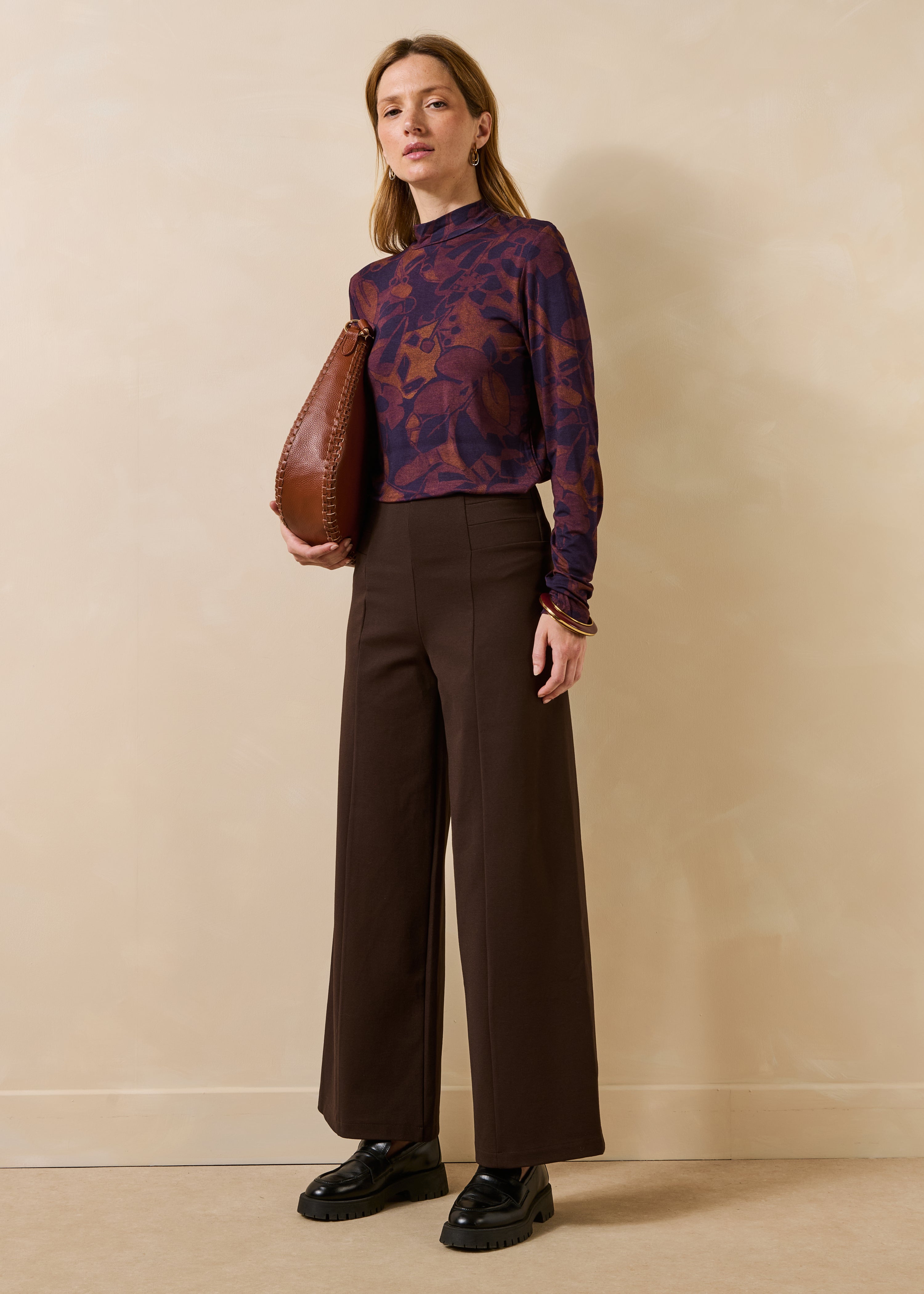 Pantalon crop marron taille élastiquée
