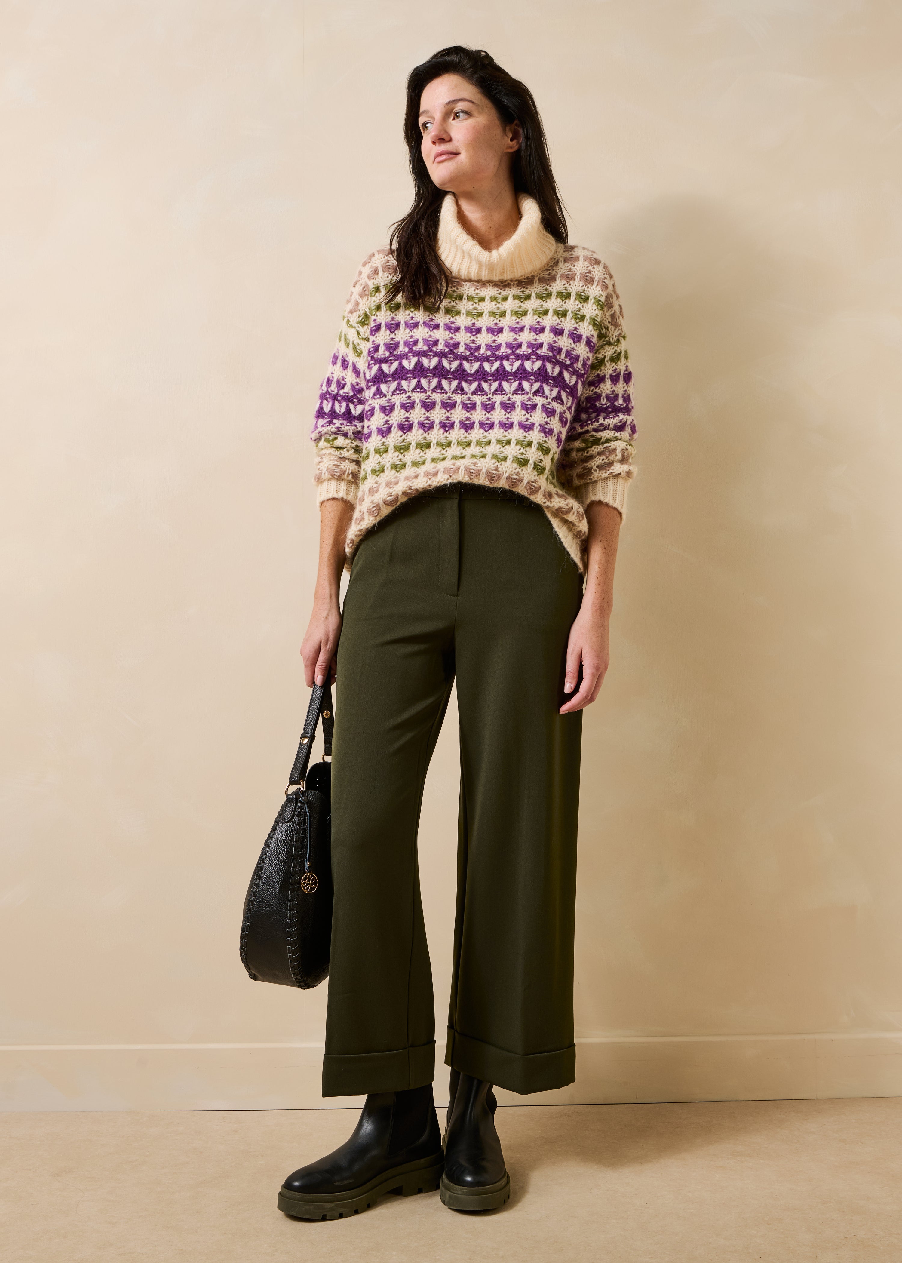 Pantalone dritto cropped kaki con risvolto