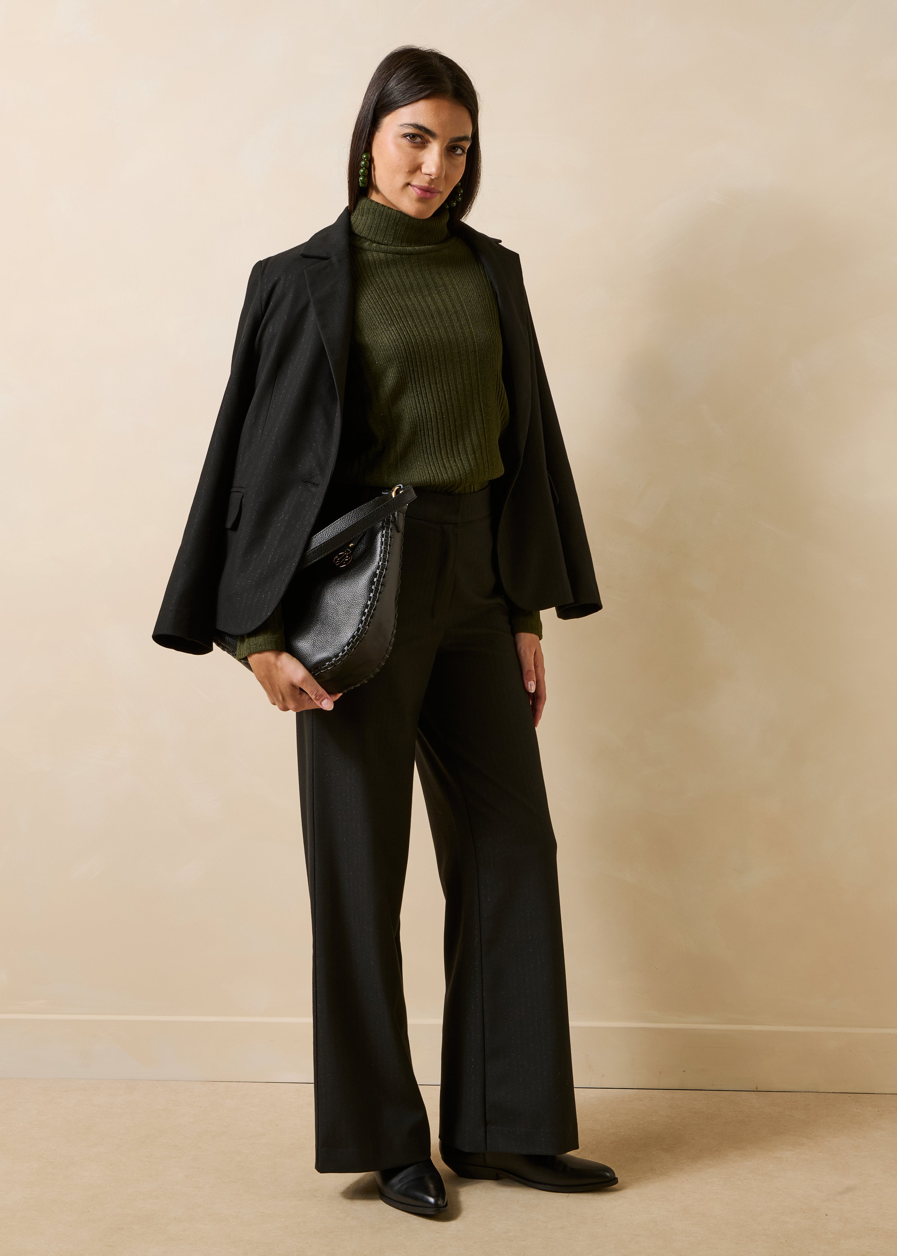 Pantalon droit noir taille haute à rayures