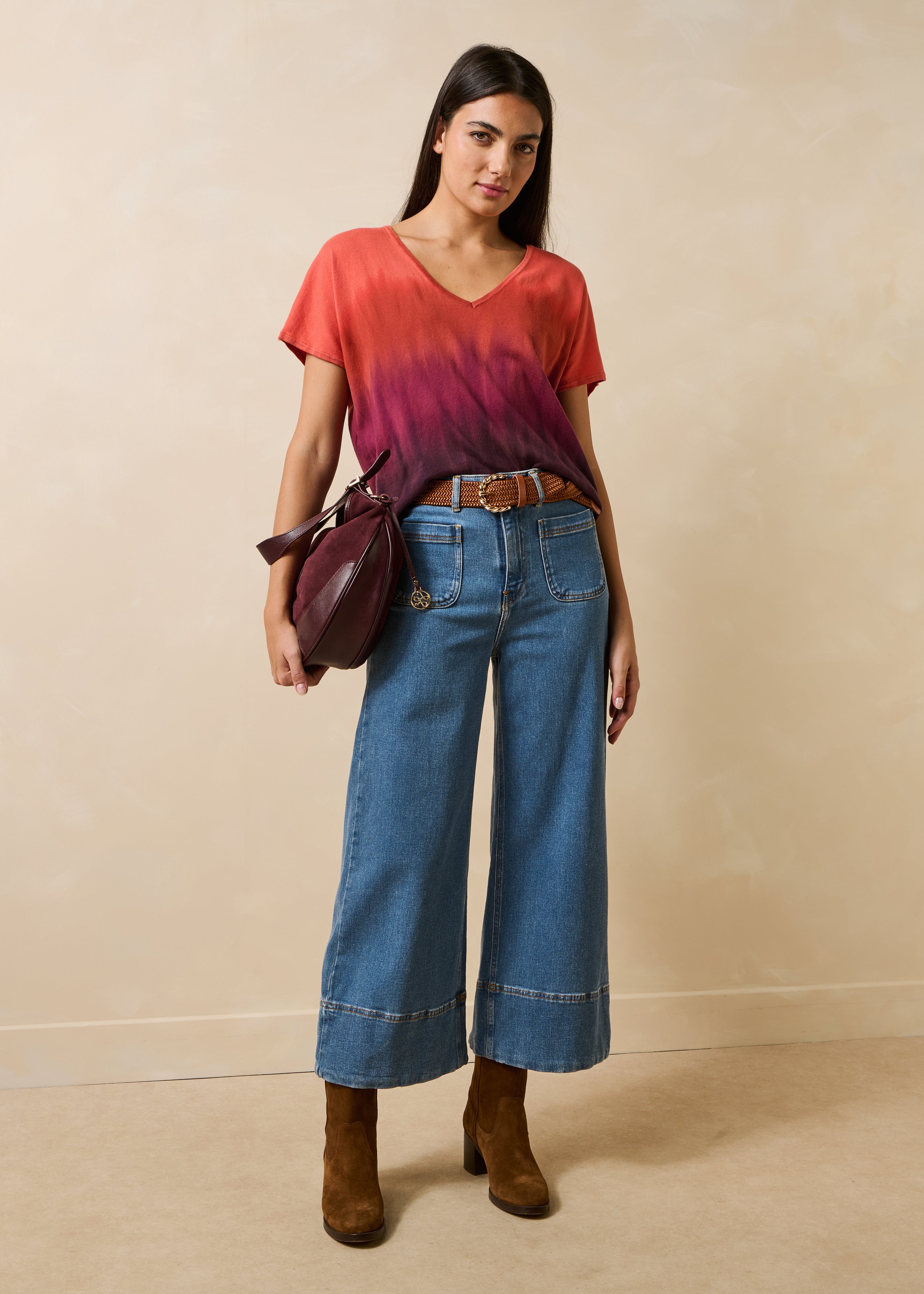 Kurzarm-Pullover Tie & Dye in Violett und Rot aus Bio-Baumwolle