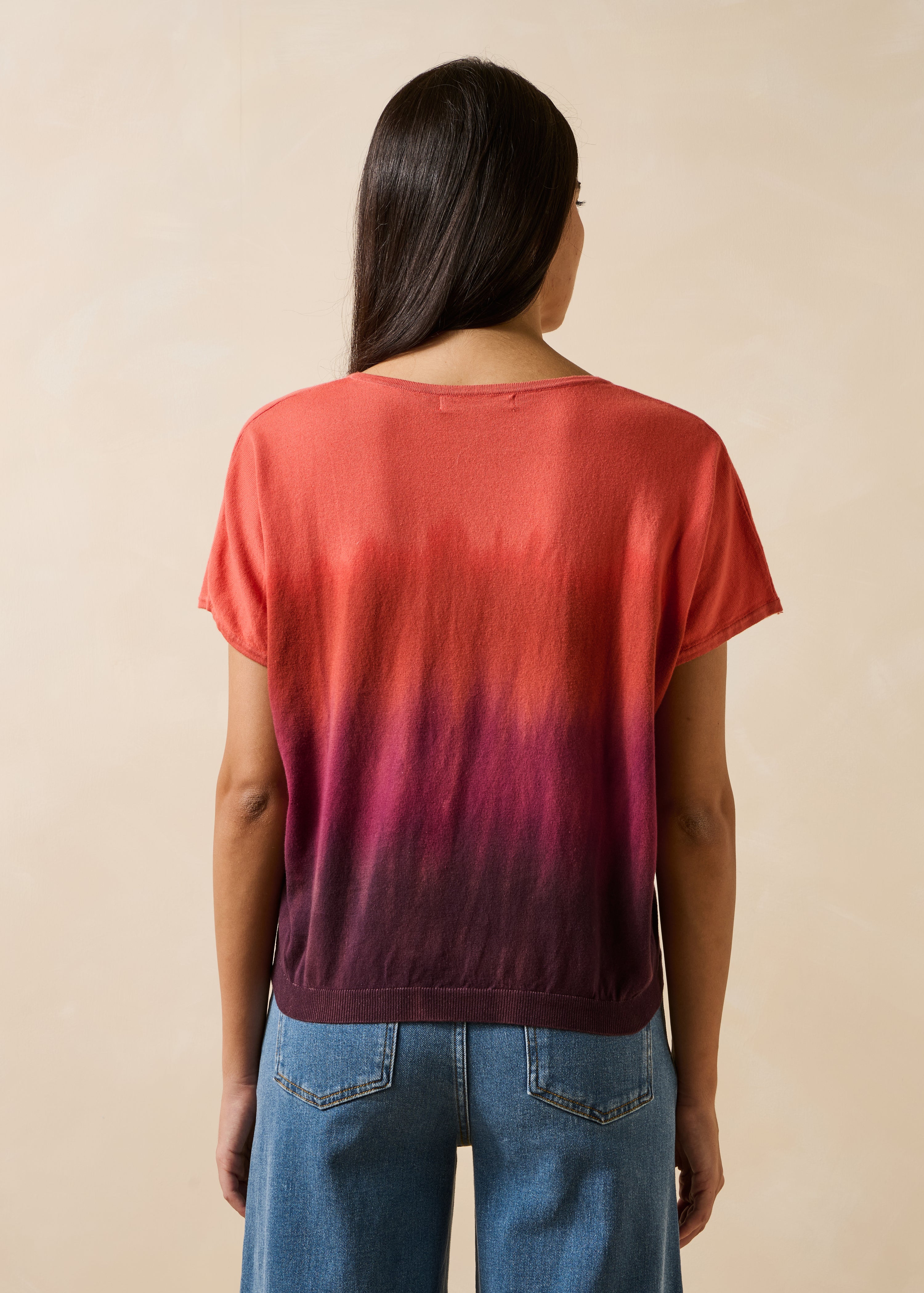 Kurzarm-Pullover Tie & Dye in Violett und Rot aus Bio-Baumwolle
