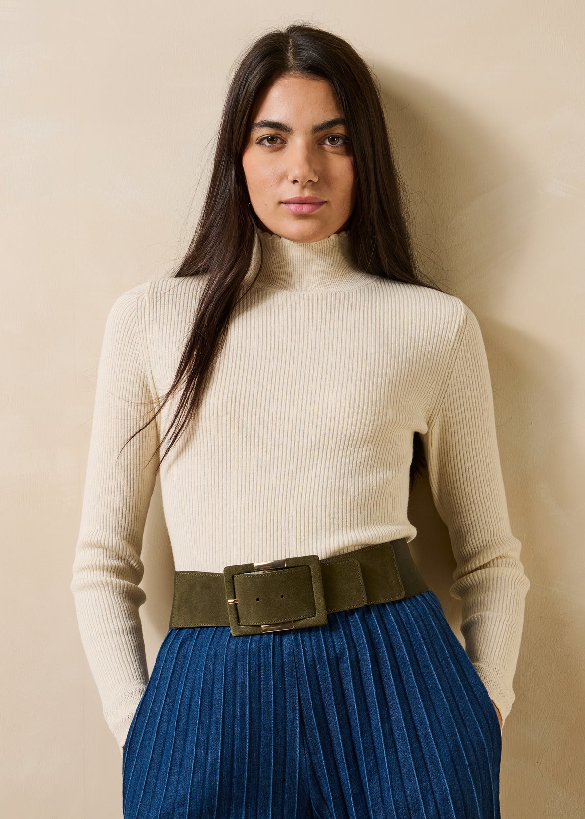 Ecru Pullover mit langen Ärmeln aus Wolle und Bio-Baumwolle