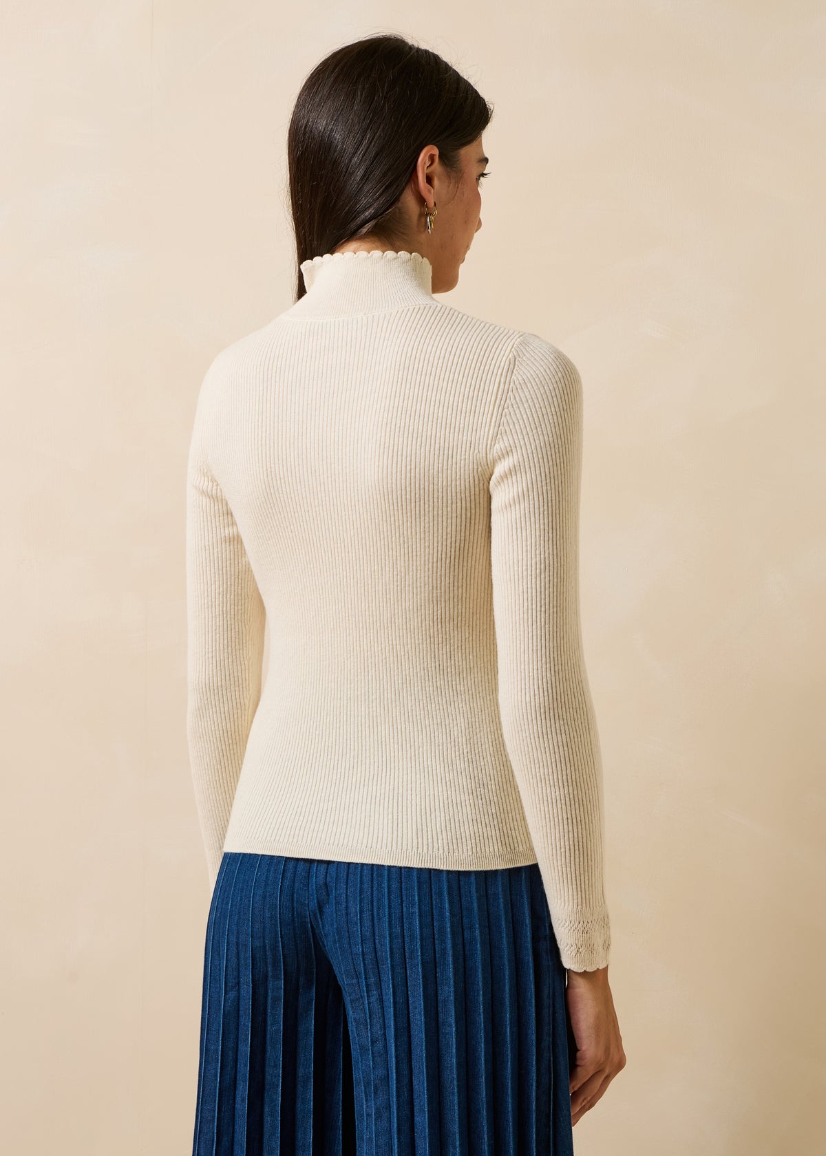 Ecru Pullover mit langen Ärmeln aus Wolle und Bio-Baumwolle