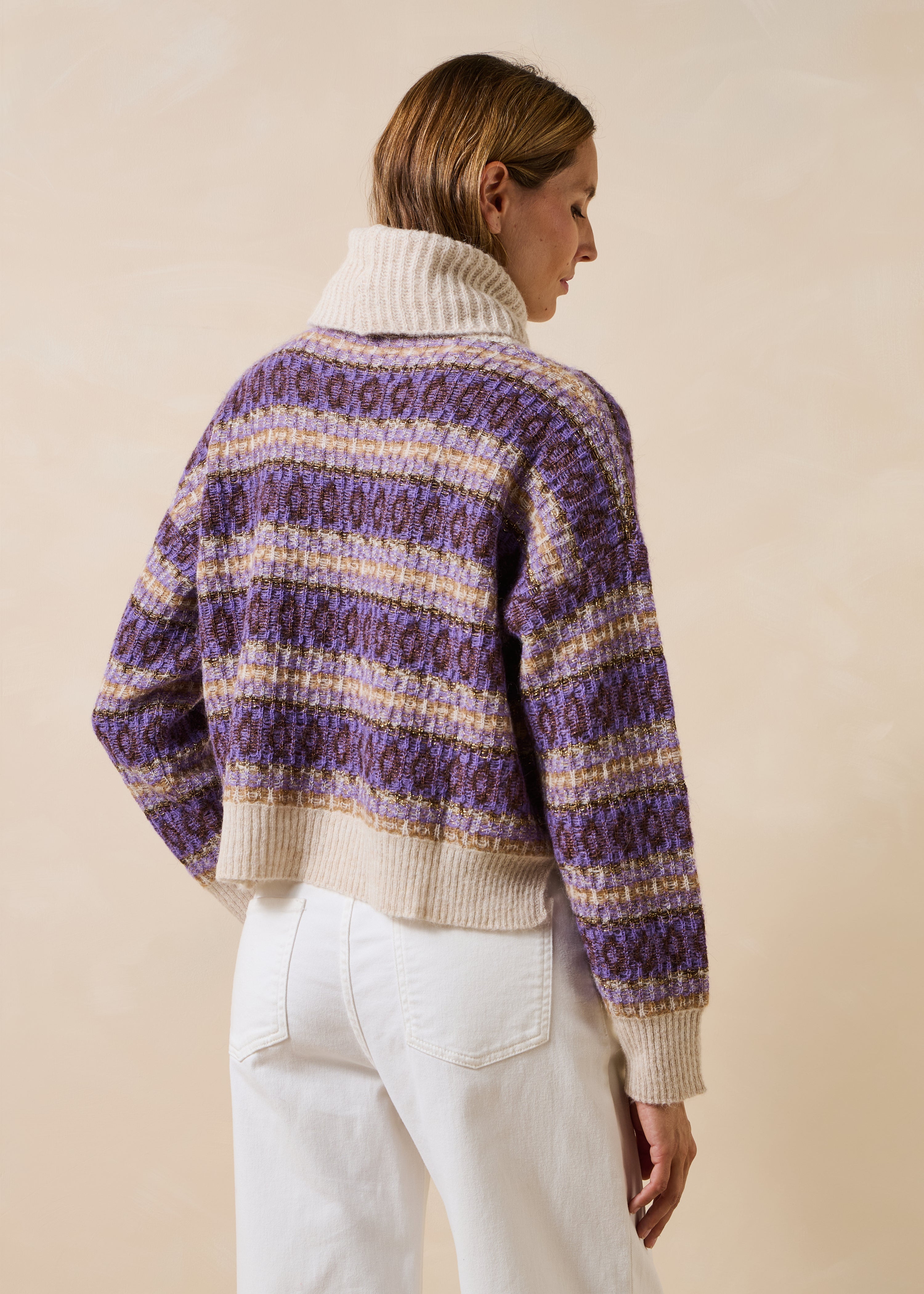 Ecru and purple long-sleeve striped jacquard sweater