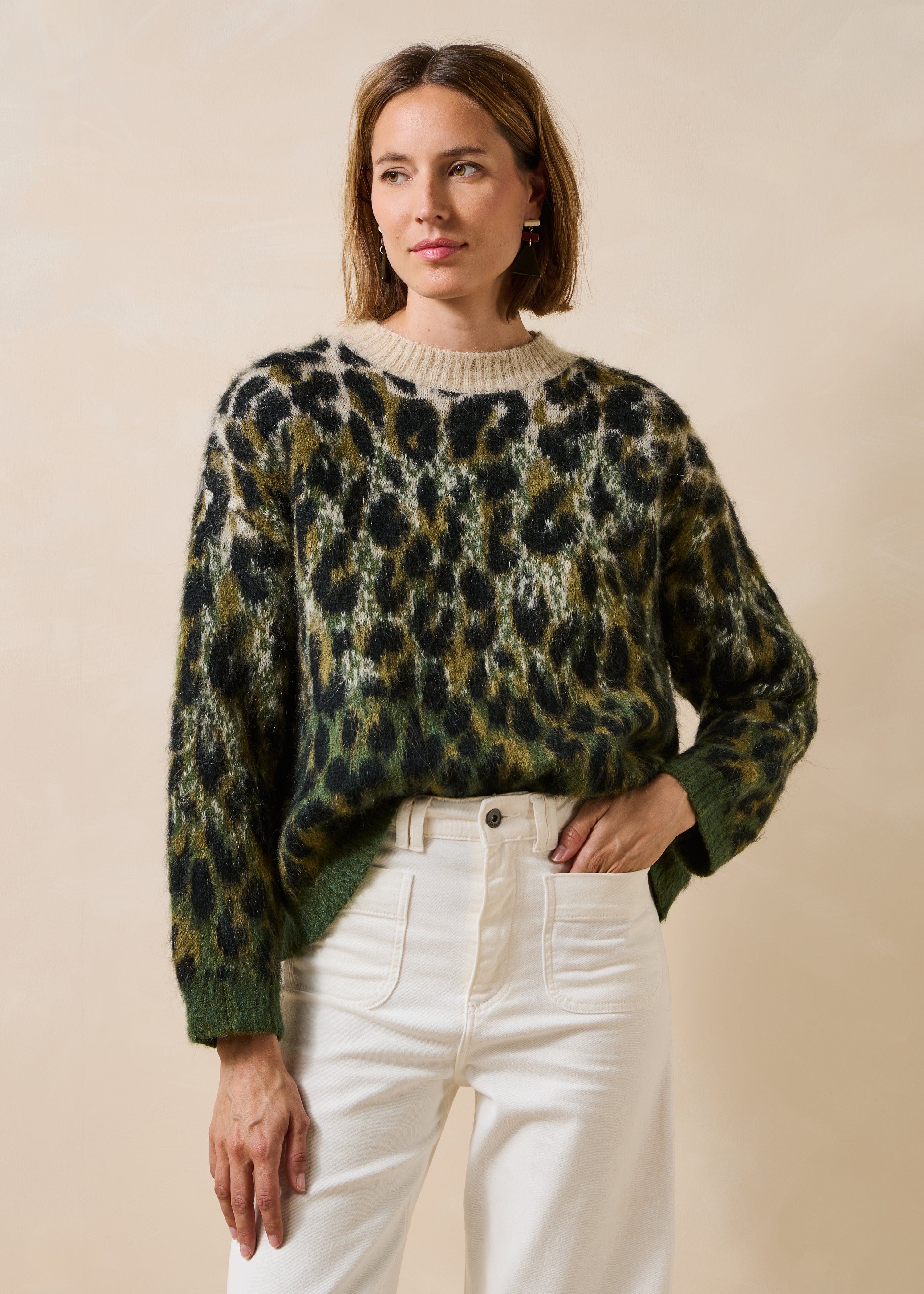 Kaki Jacquard Pullover mit langen Ärmeln und Rundhalsausschnitt