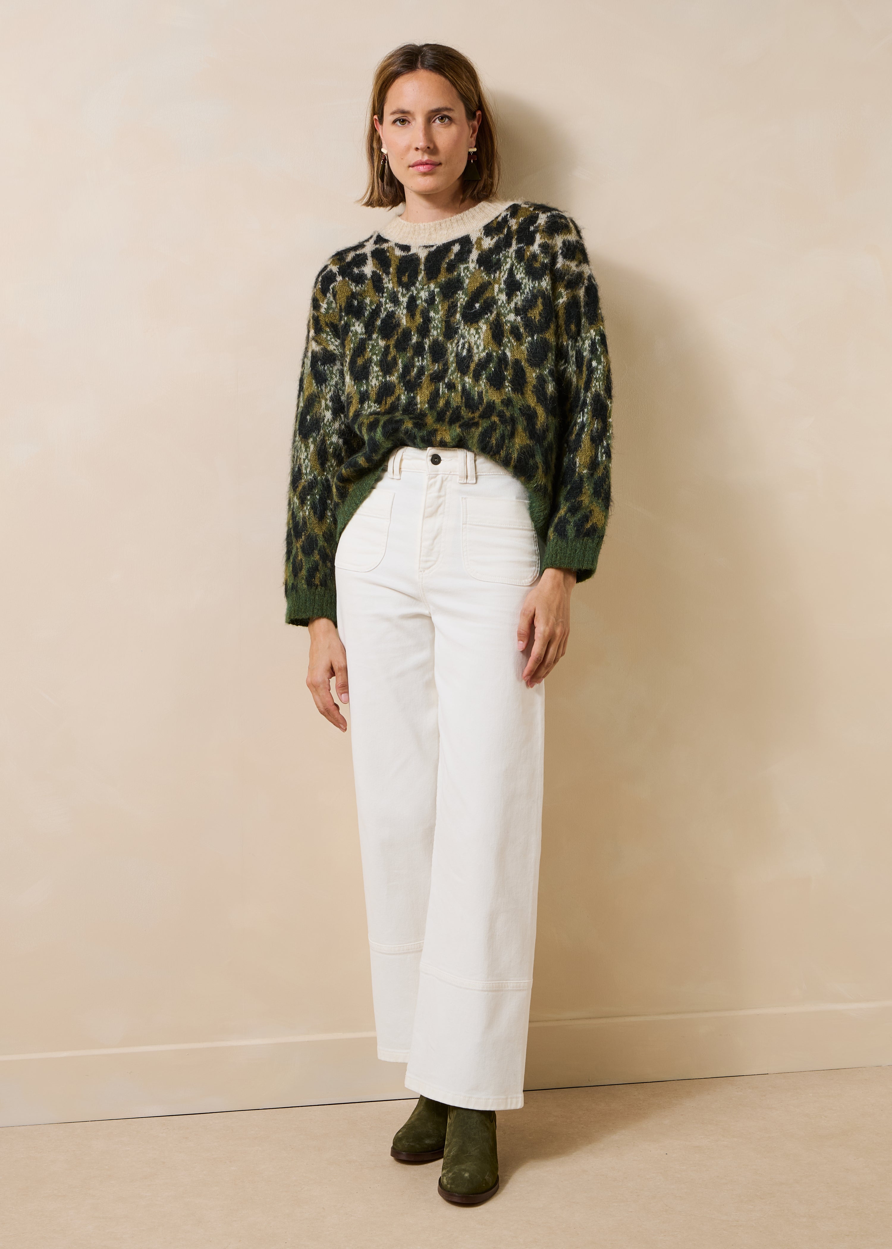 Kaki Jacquard Pullover mit langen Ärmeln und Rundhalsausschnitt