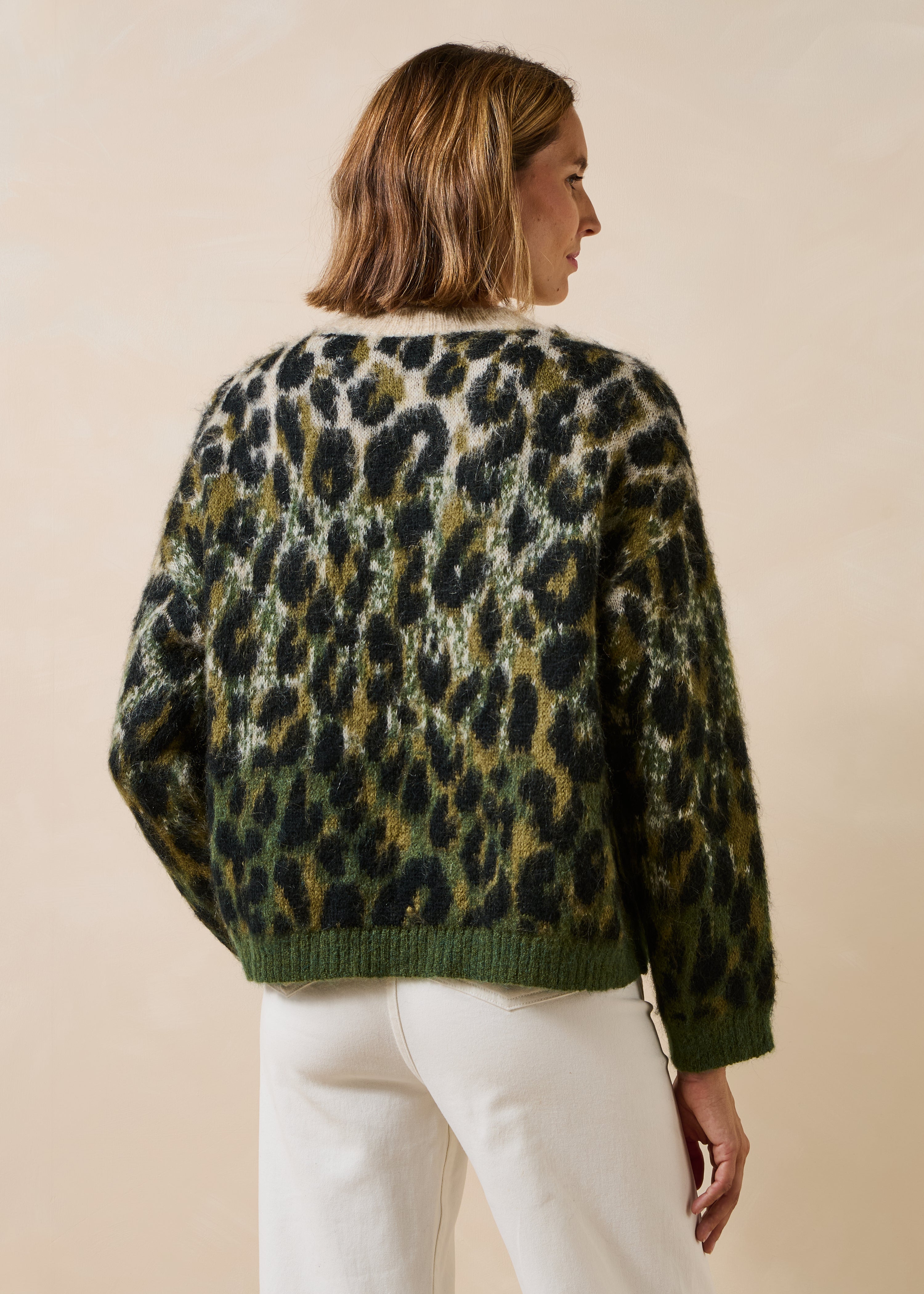 Kaki Jacquard Pullover mit langen Ärmeln und Rundhalsausschnitt