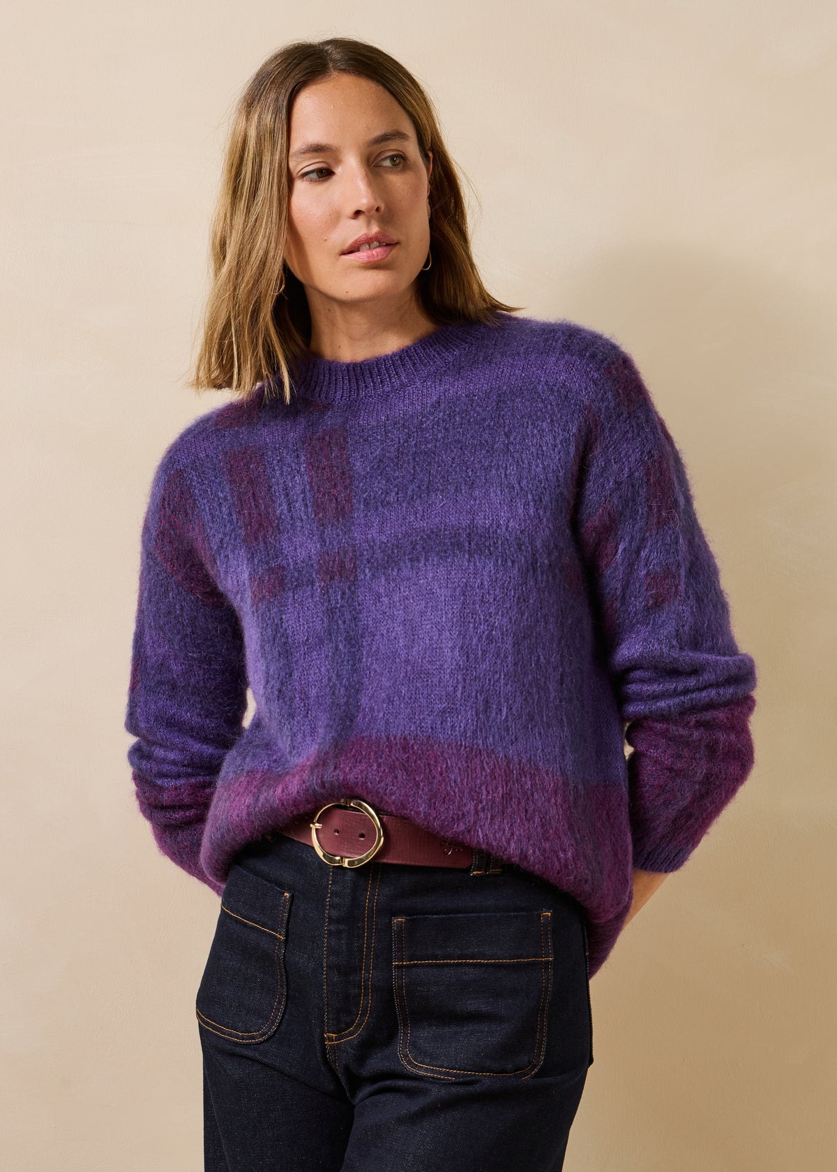 Violetter Pullover mit langen Ärmeln aus Jacquard und Rundhalsausschnitt