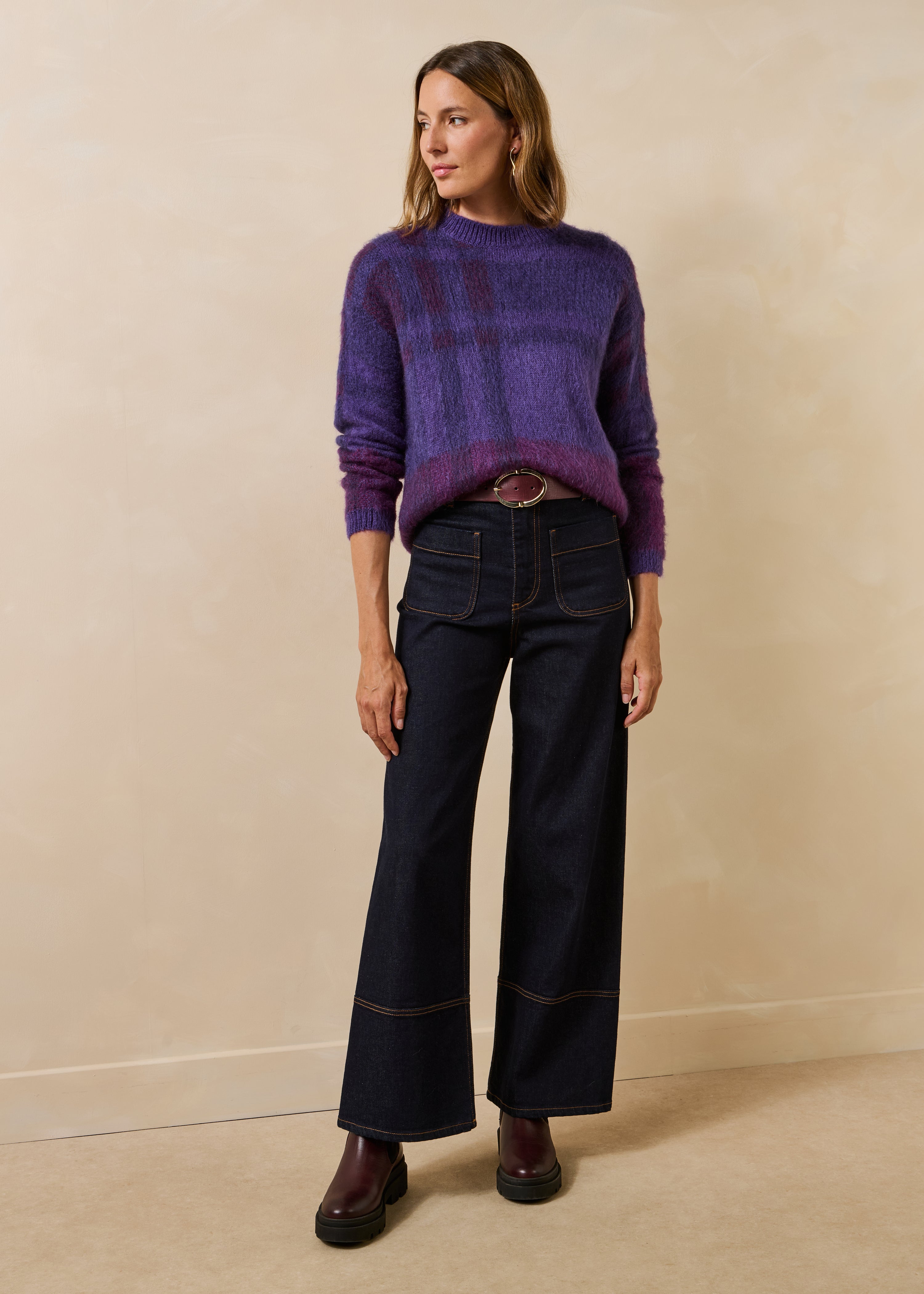 Violetter Pullover mit langen Ärmeln aus Jacquard und Rundhalsausschnitt