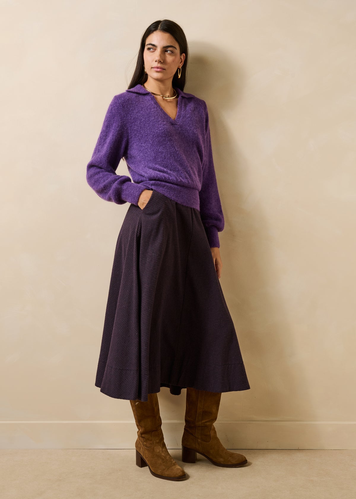 Maglione prugna maniche lunghe con colletto polo