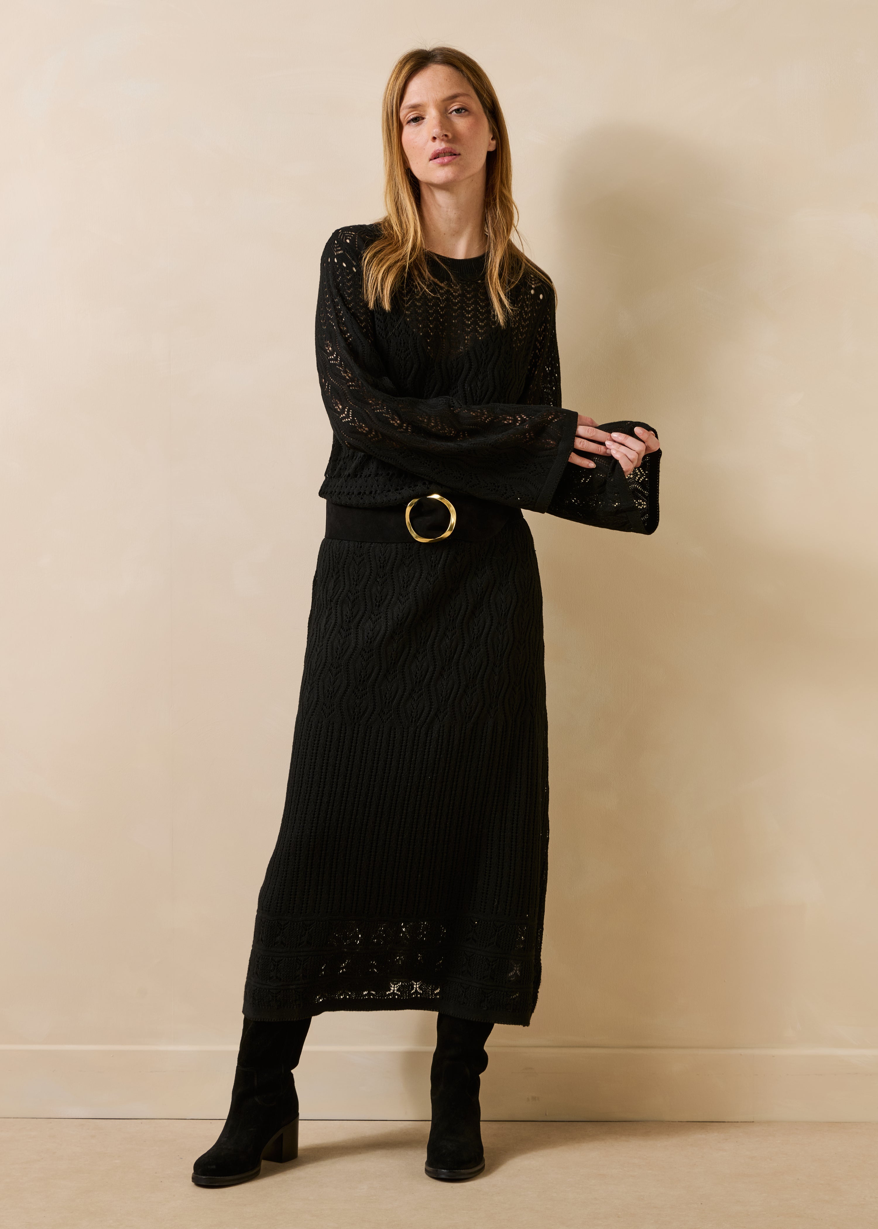 fitted long dress Black in openwork knit with sleeves HO25D1 Elegant Burgundy Evening Gown Color:Ivory/Pearl