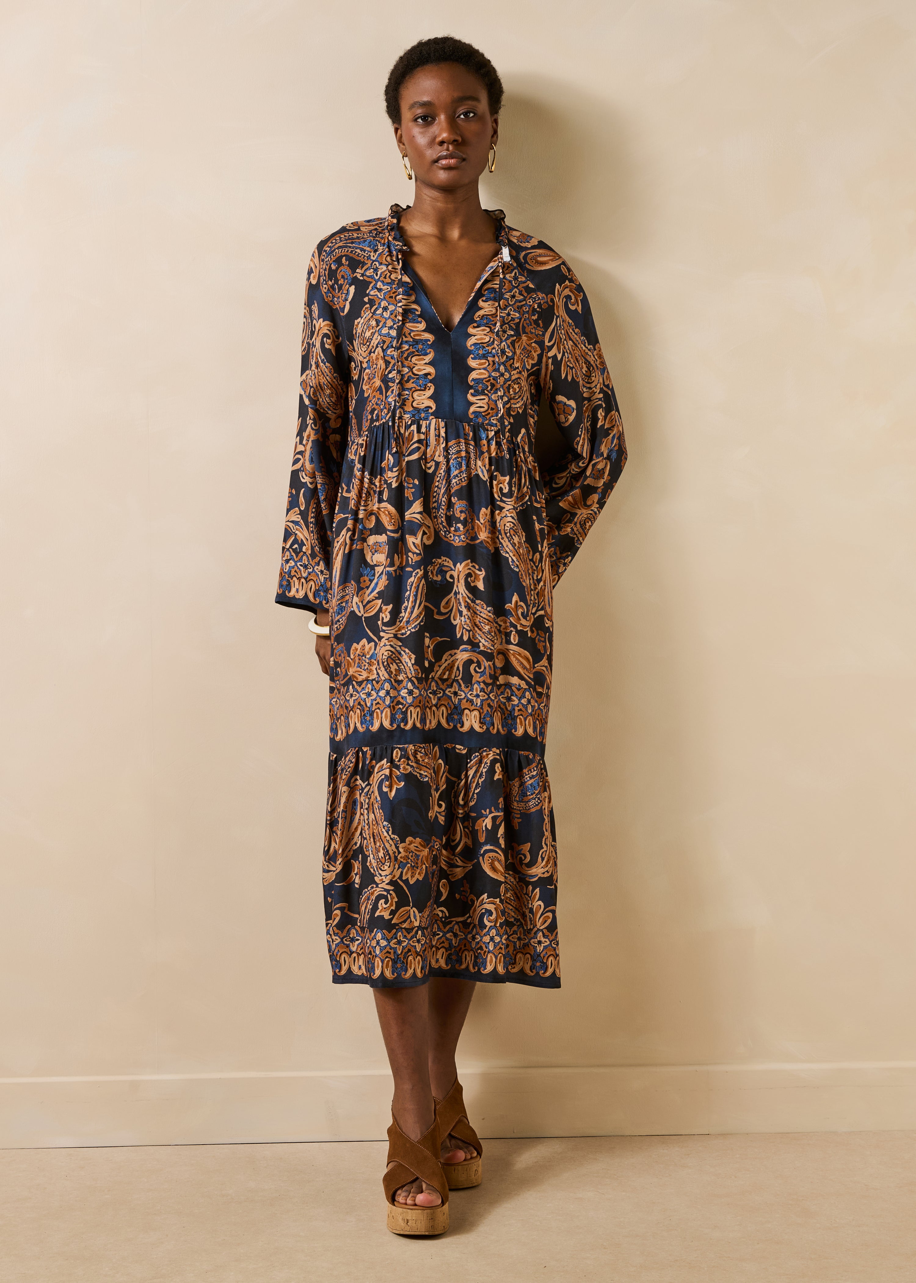 navy maxi dress floral Loose long blue printed with long sleeves category: livewear CICIDUDU Plus Size Smocked Color:Flint